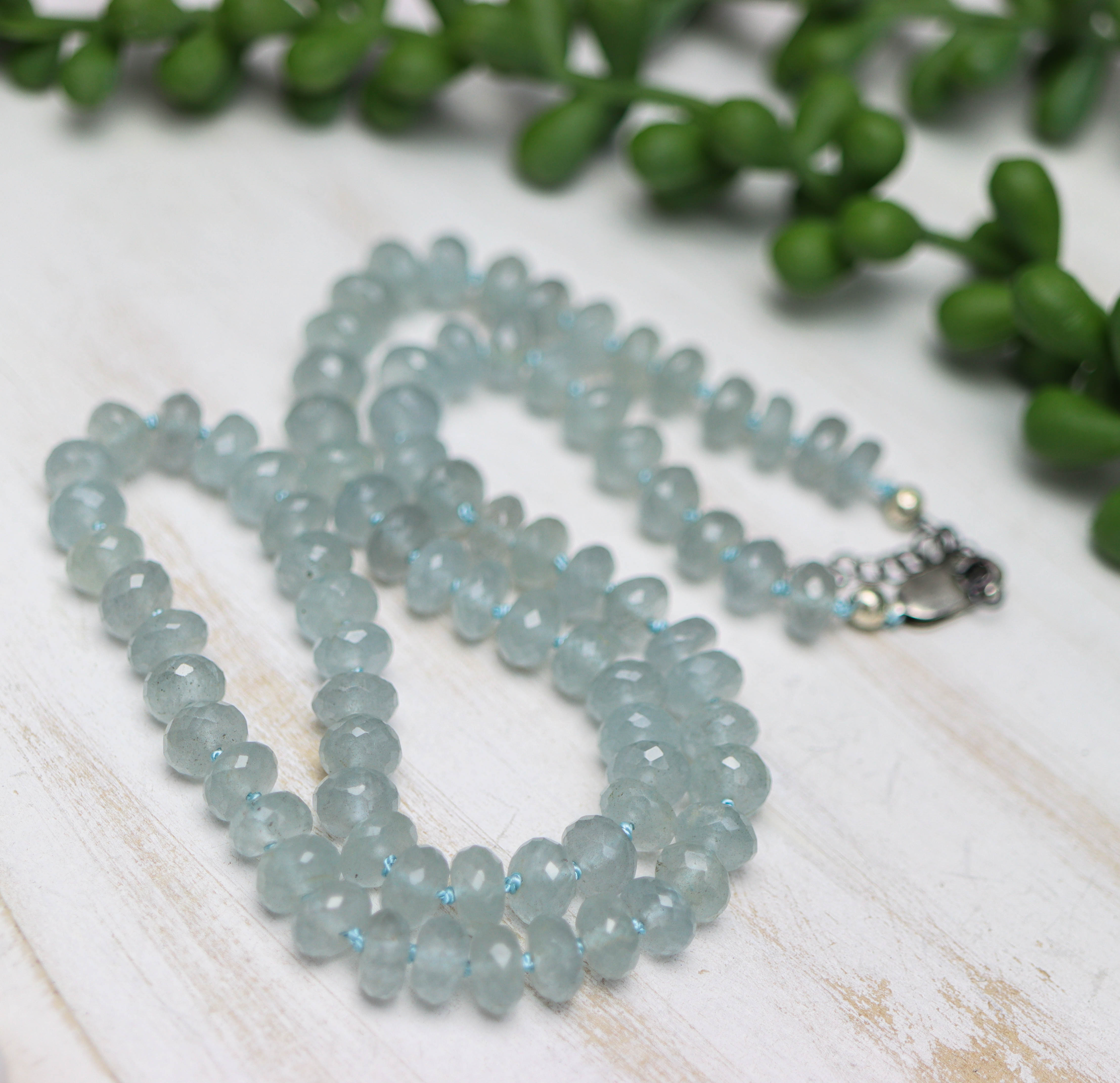 Blue Aquamarine Hand Knotted Bead Necklace Sterling Silver