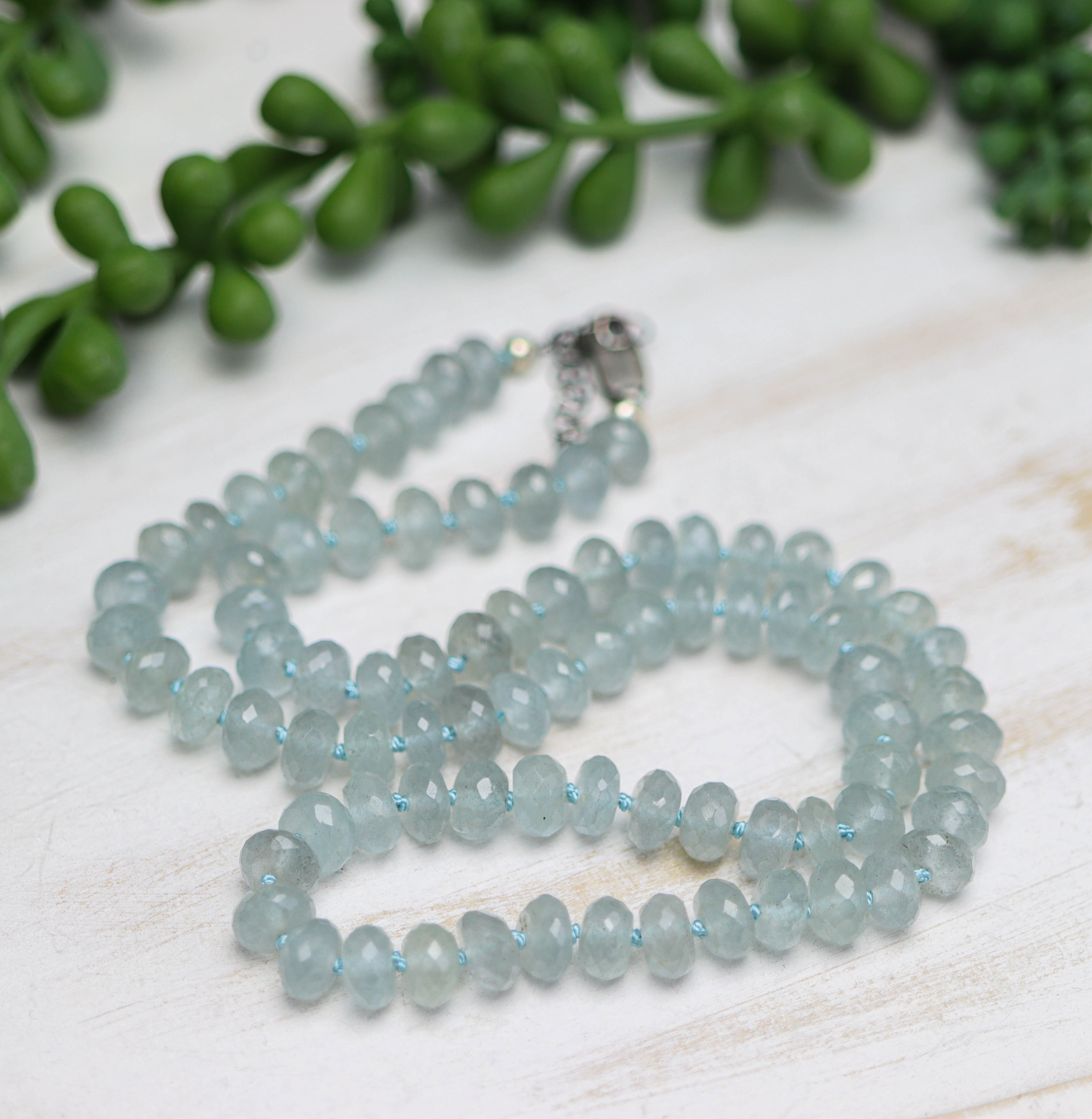 Blue Aquamarine Hand Knotted Bead Necklace Sterling Silver