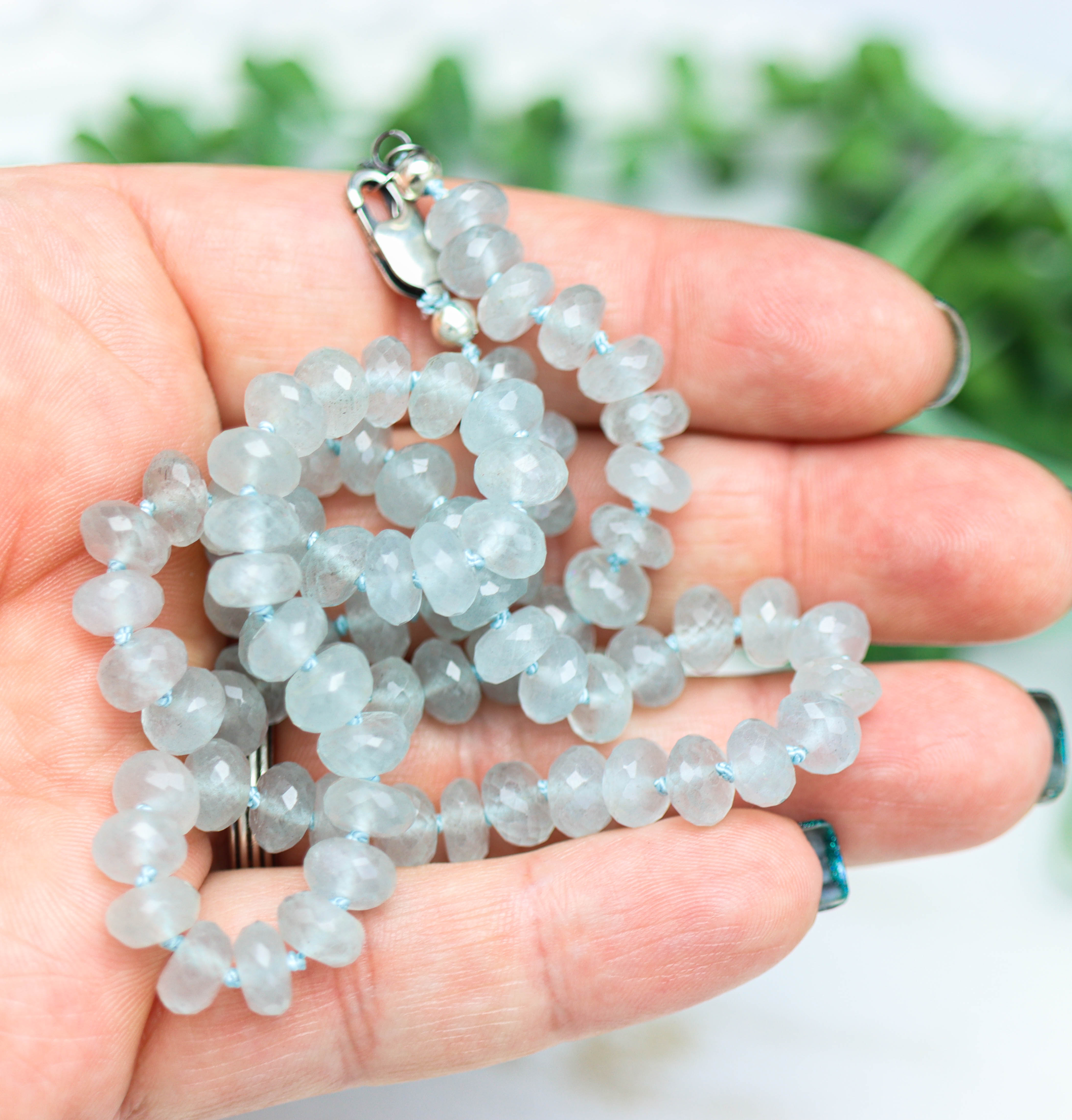 Blue Aquamarine Hand Knotted Bead Necklace Sterling Silver