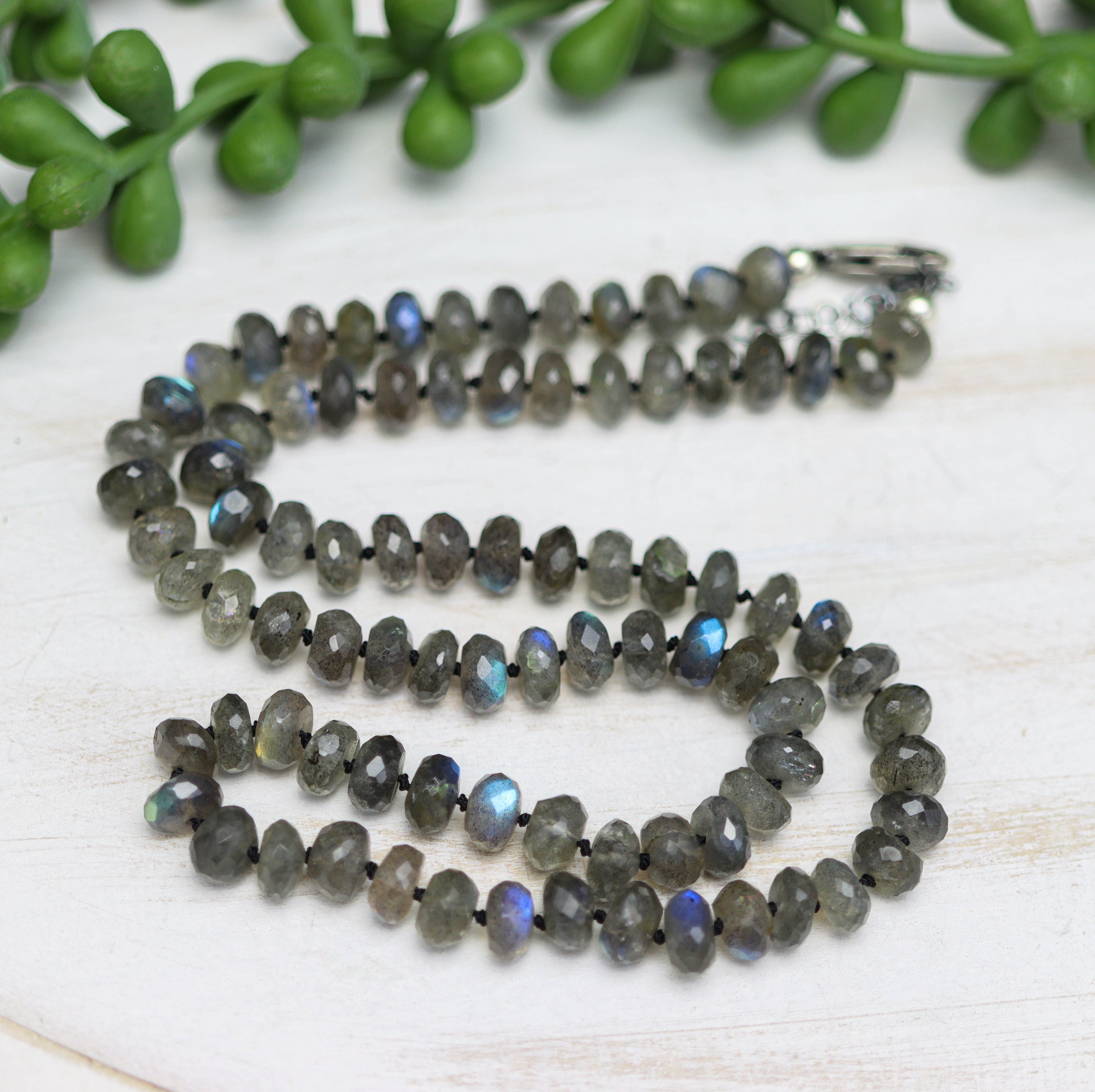 Sparkly Labradorite Hand Knotted Bead Necklace Sterling Silver 18 Inch