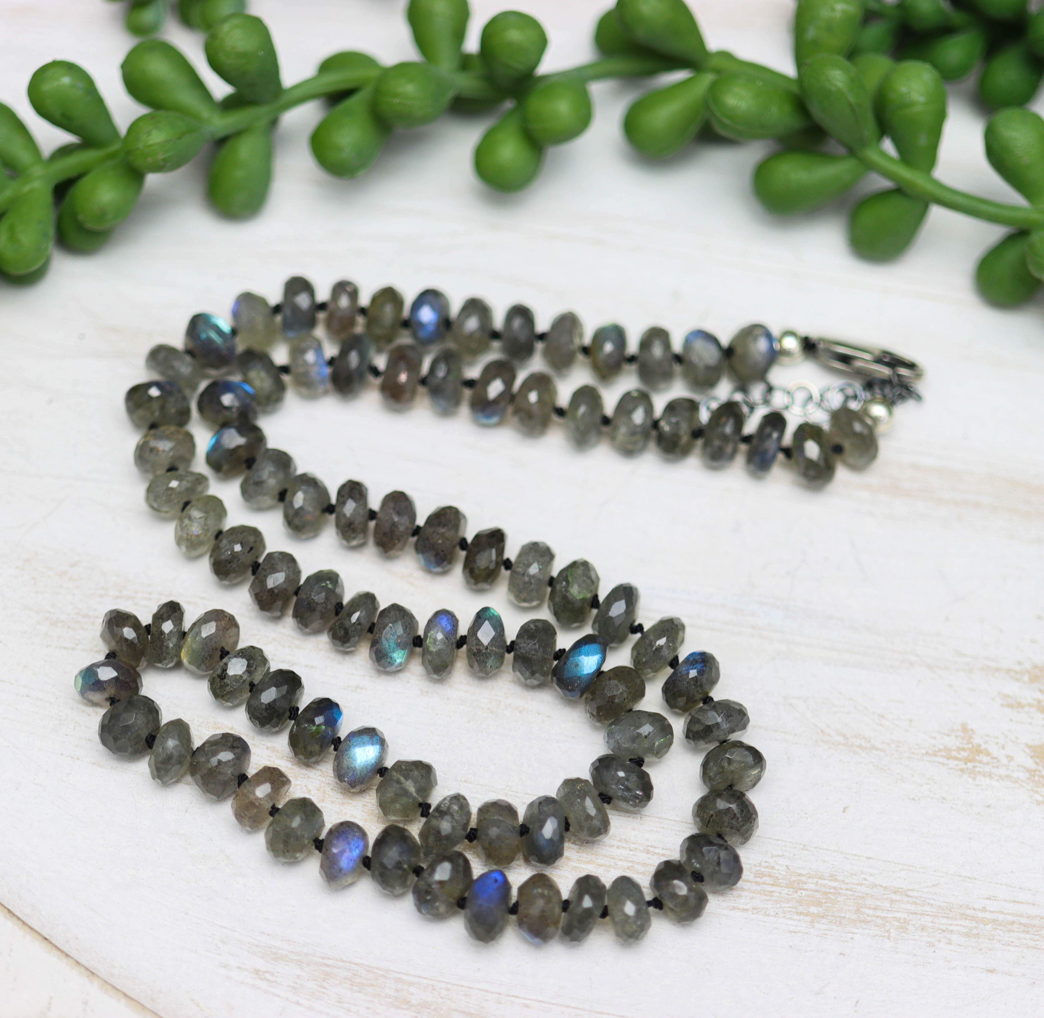 Sparkly Labradorite Hand Knotted Bead Necklace Sterling Silver 18 Inch