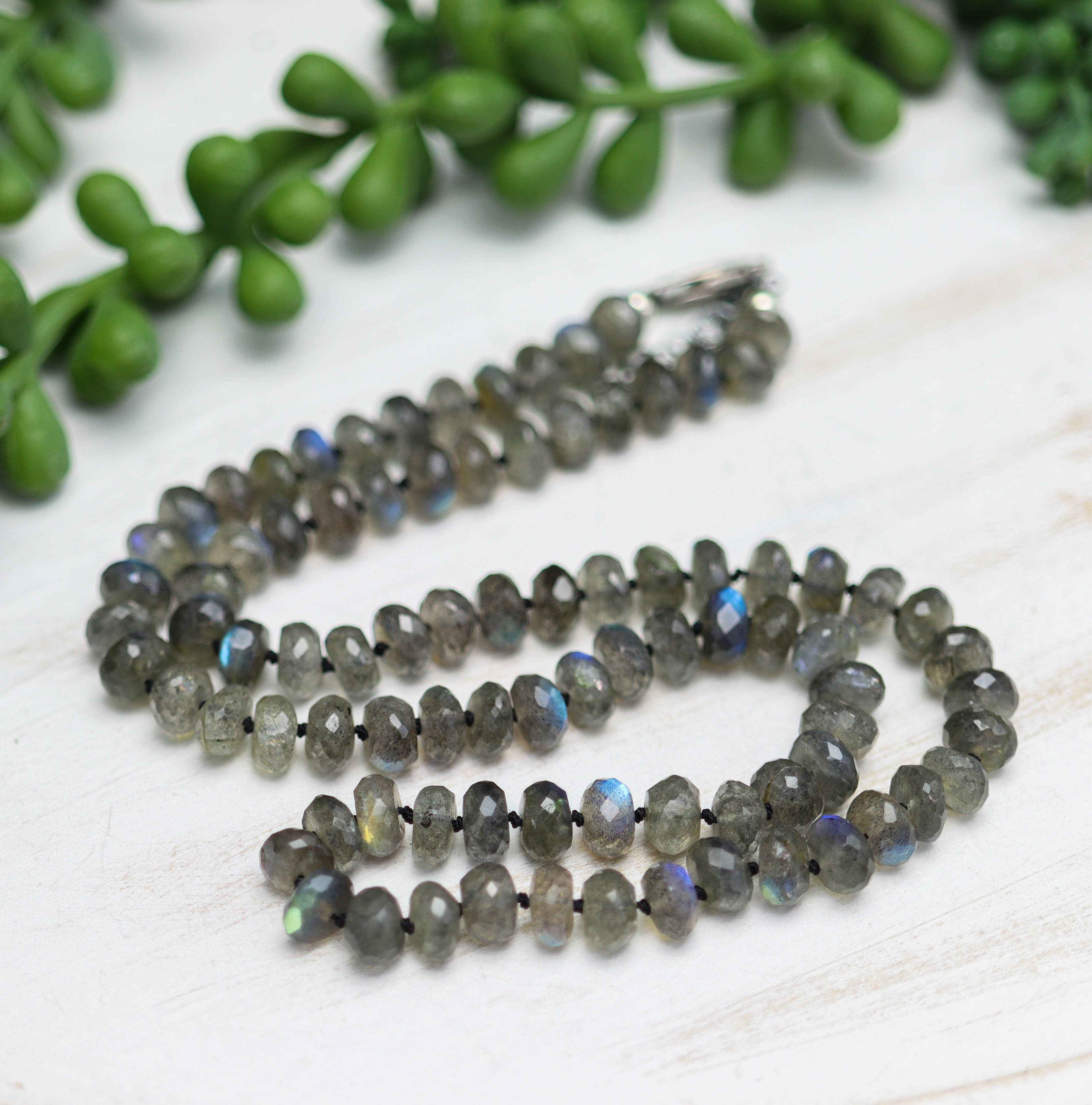 Sparkly Labradorite Hand Knotted Bead Necklace Sterling Silver 18 Inch