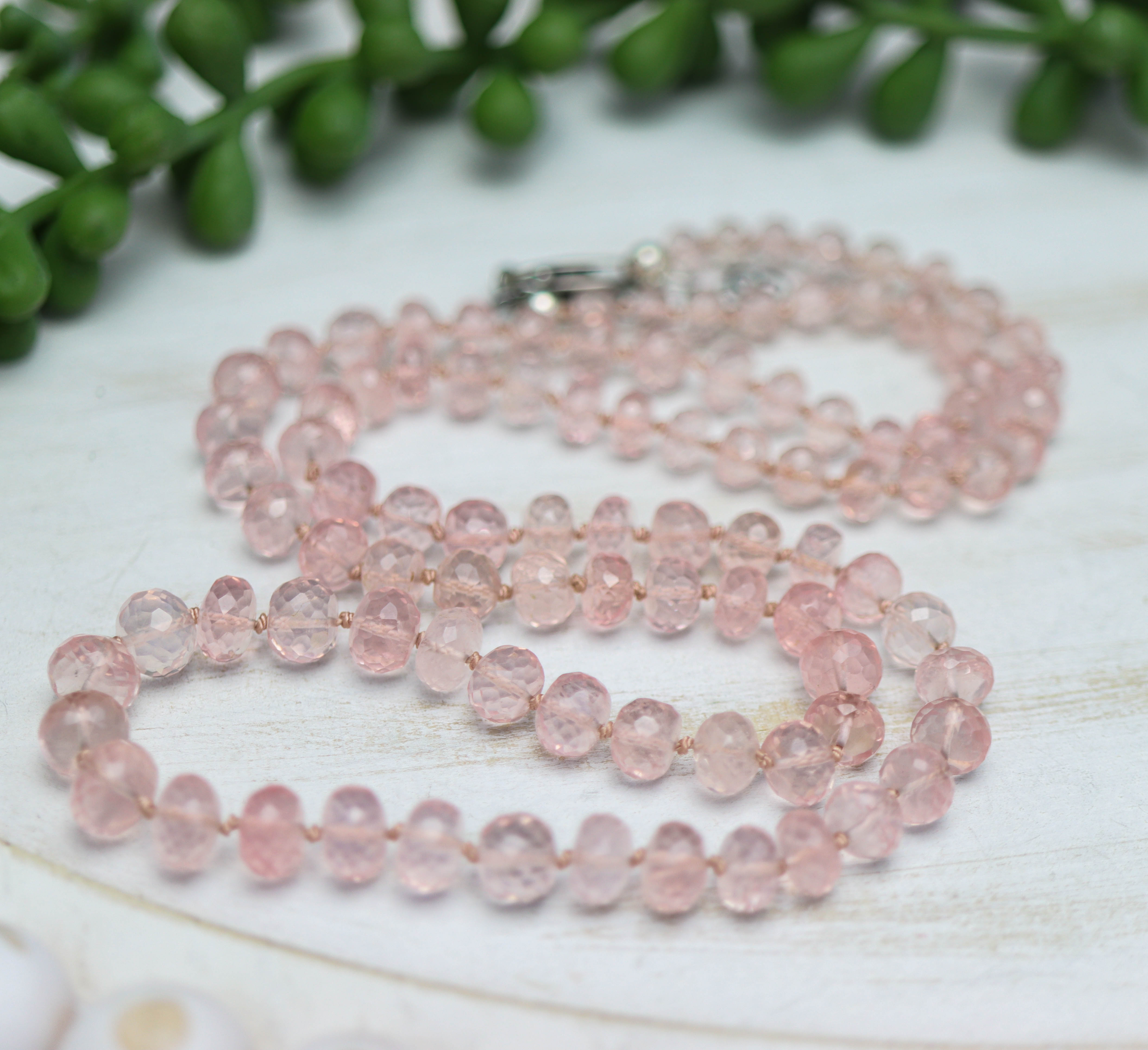 Madagascar Rose Quartz Hand Knotted Bead Necklace Sterling Silver
