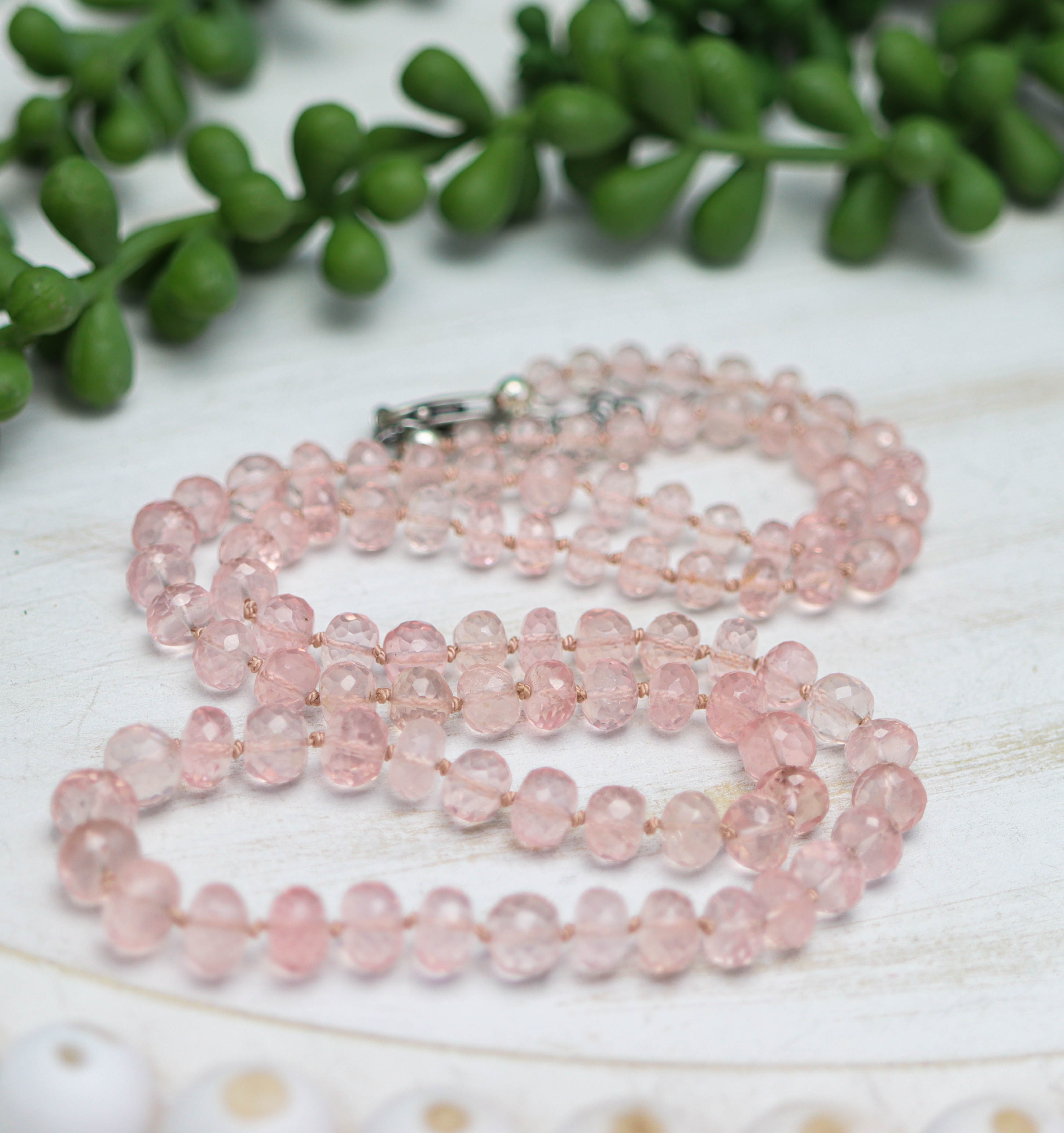 Madagascar Rose Quartz Hand Knotted Bead Necklace Sterling Silver