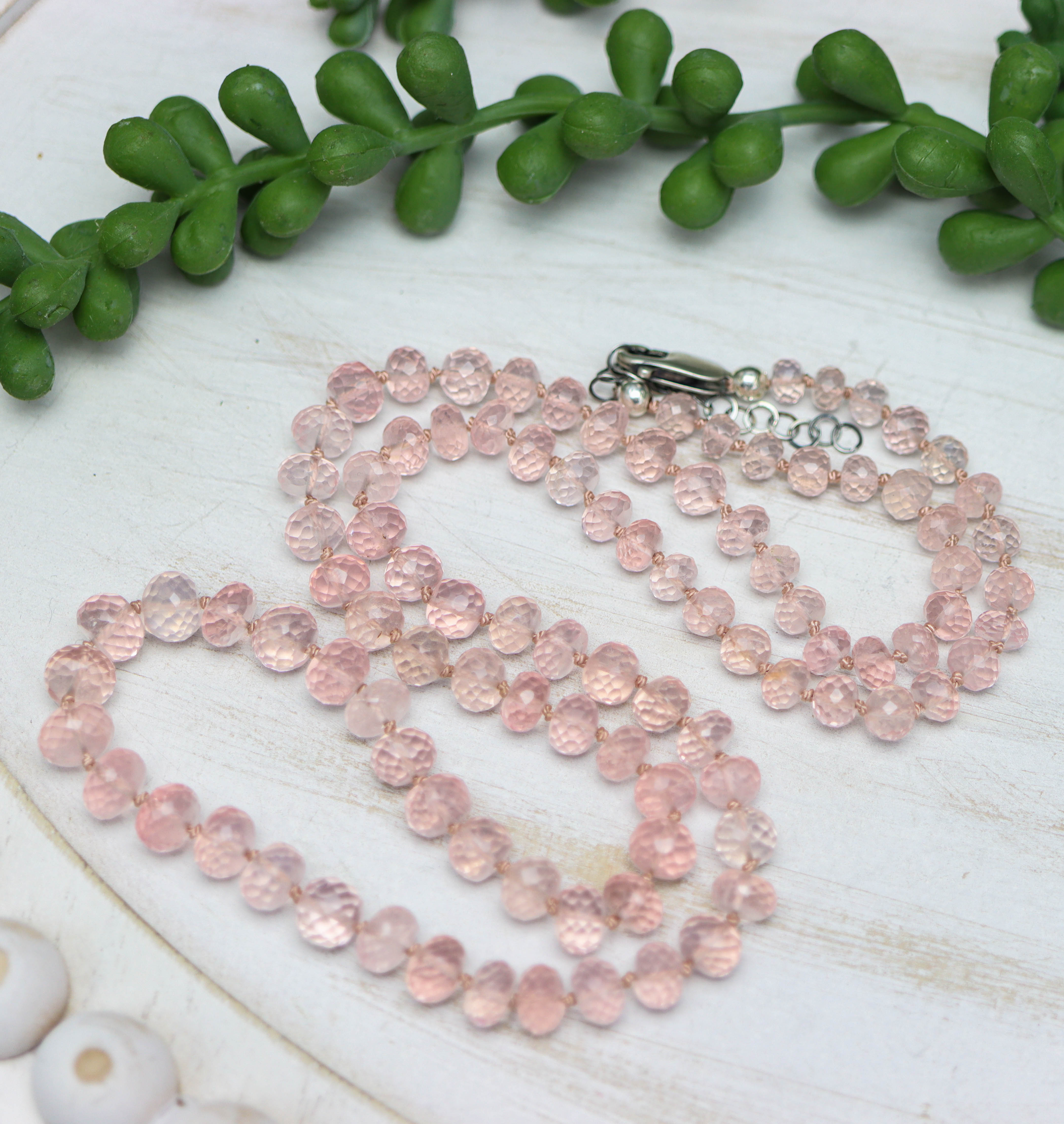 Madagascar Rose Quartz Hand Knotted Bead Necklace Sterling Silver