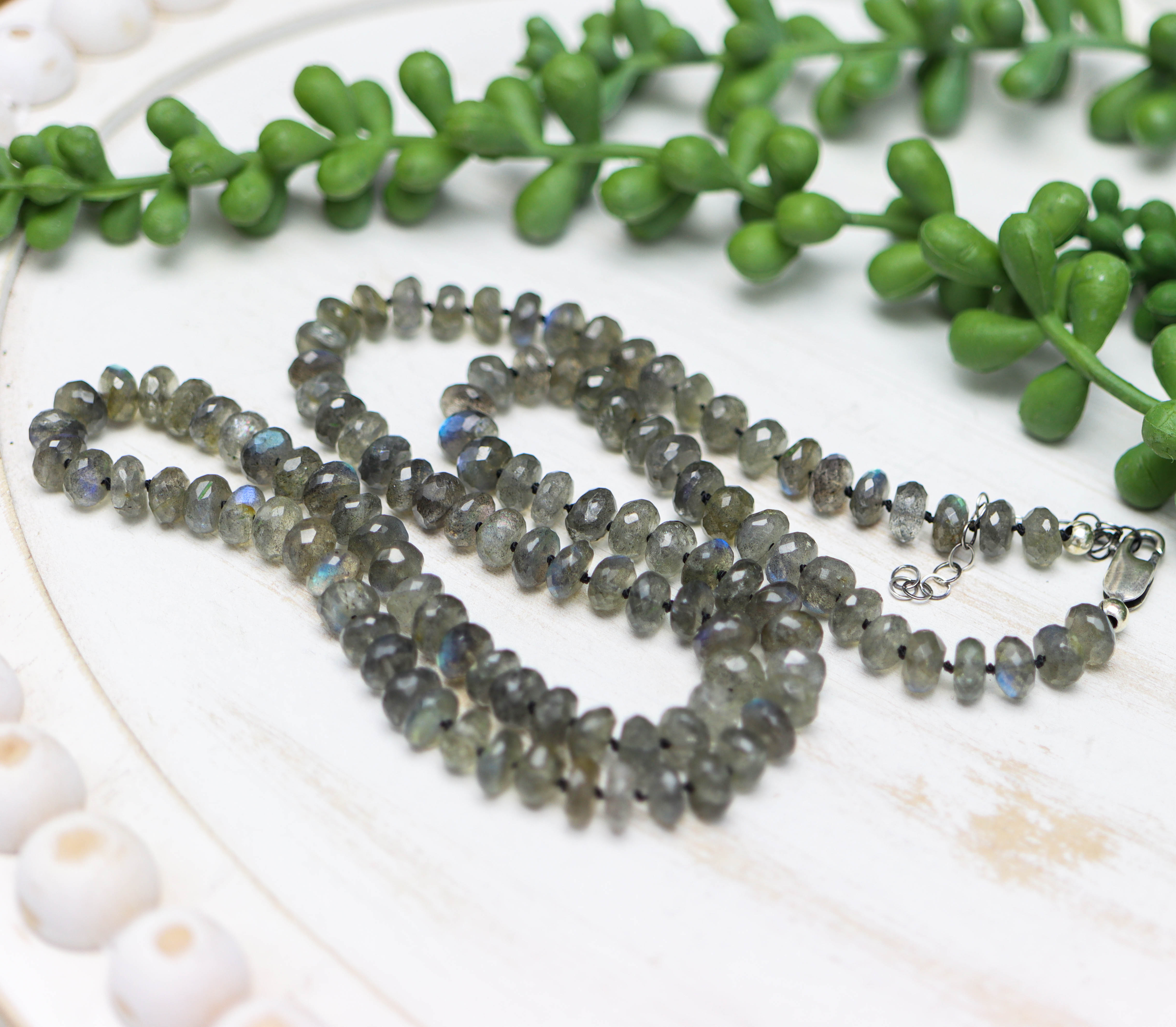 Sparkly Labradorite Hand Knotted Bead Necklace Sterling Silver