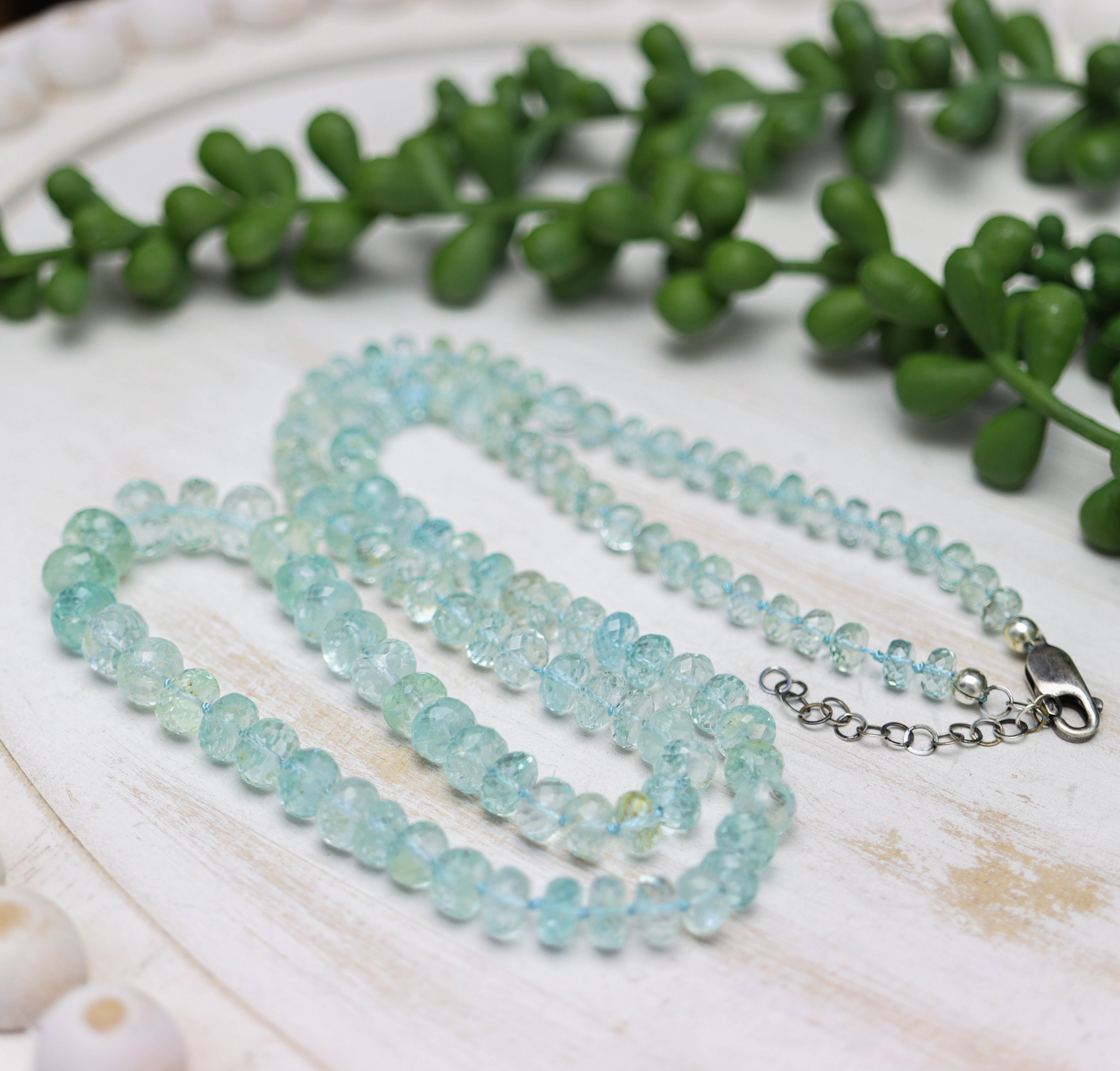Multi Aquamarine Hand Knotted Bead Necklace Sterling Silver