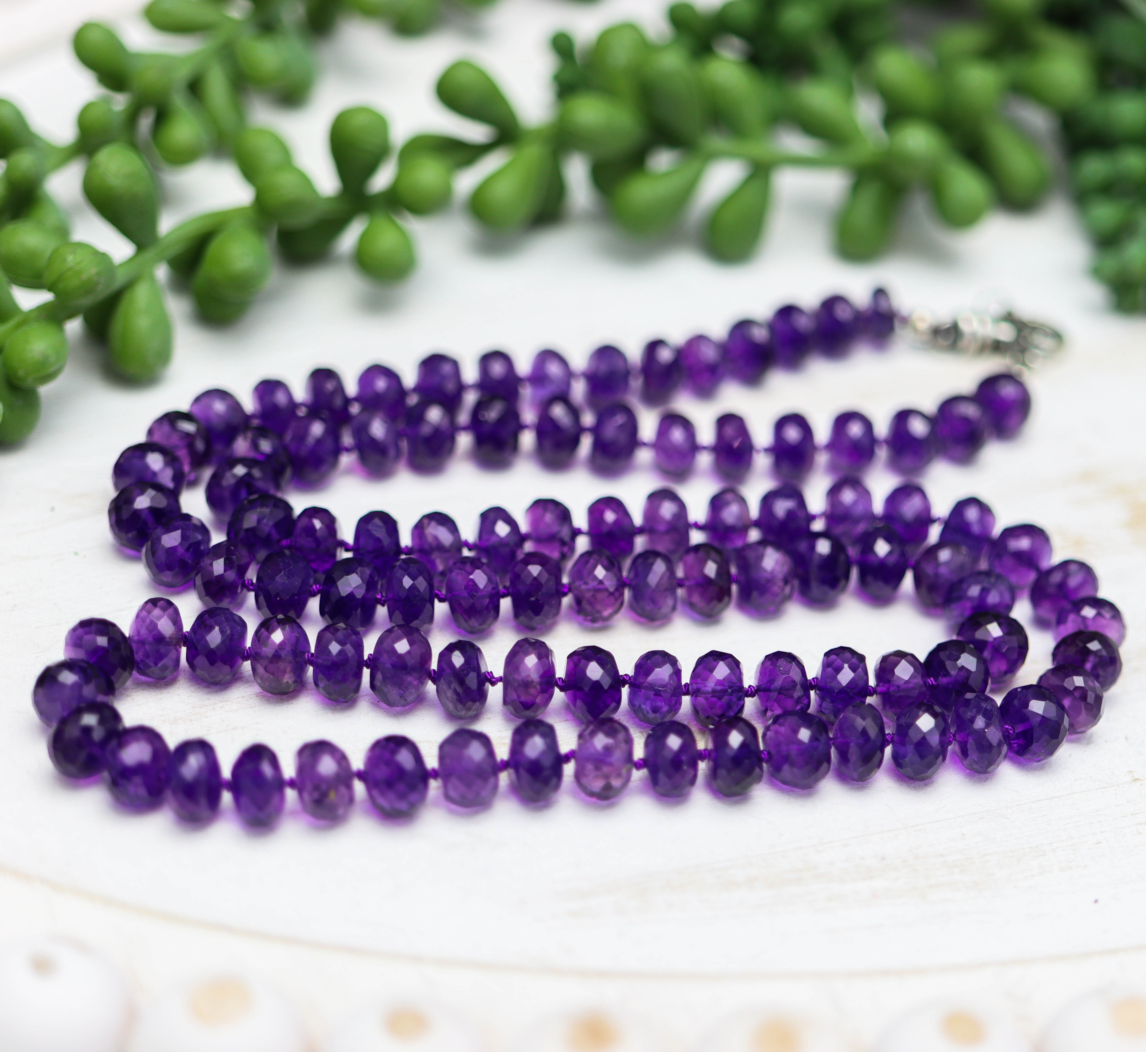 Amethyst Hand Knotted Bead Necklace Sterling Silver