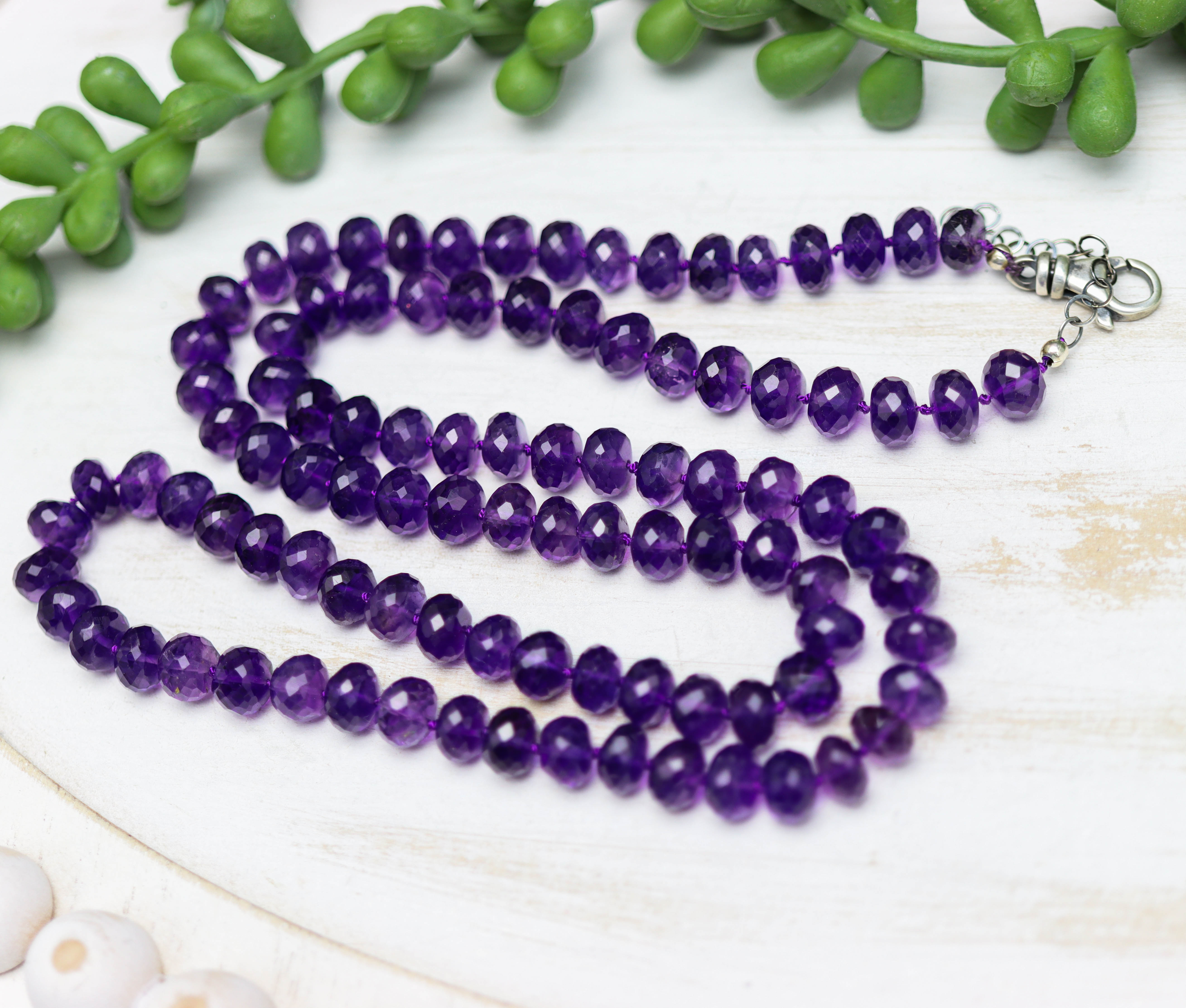 Amethyst Hand Knotted Bead Necklace Sterling Silver