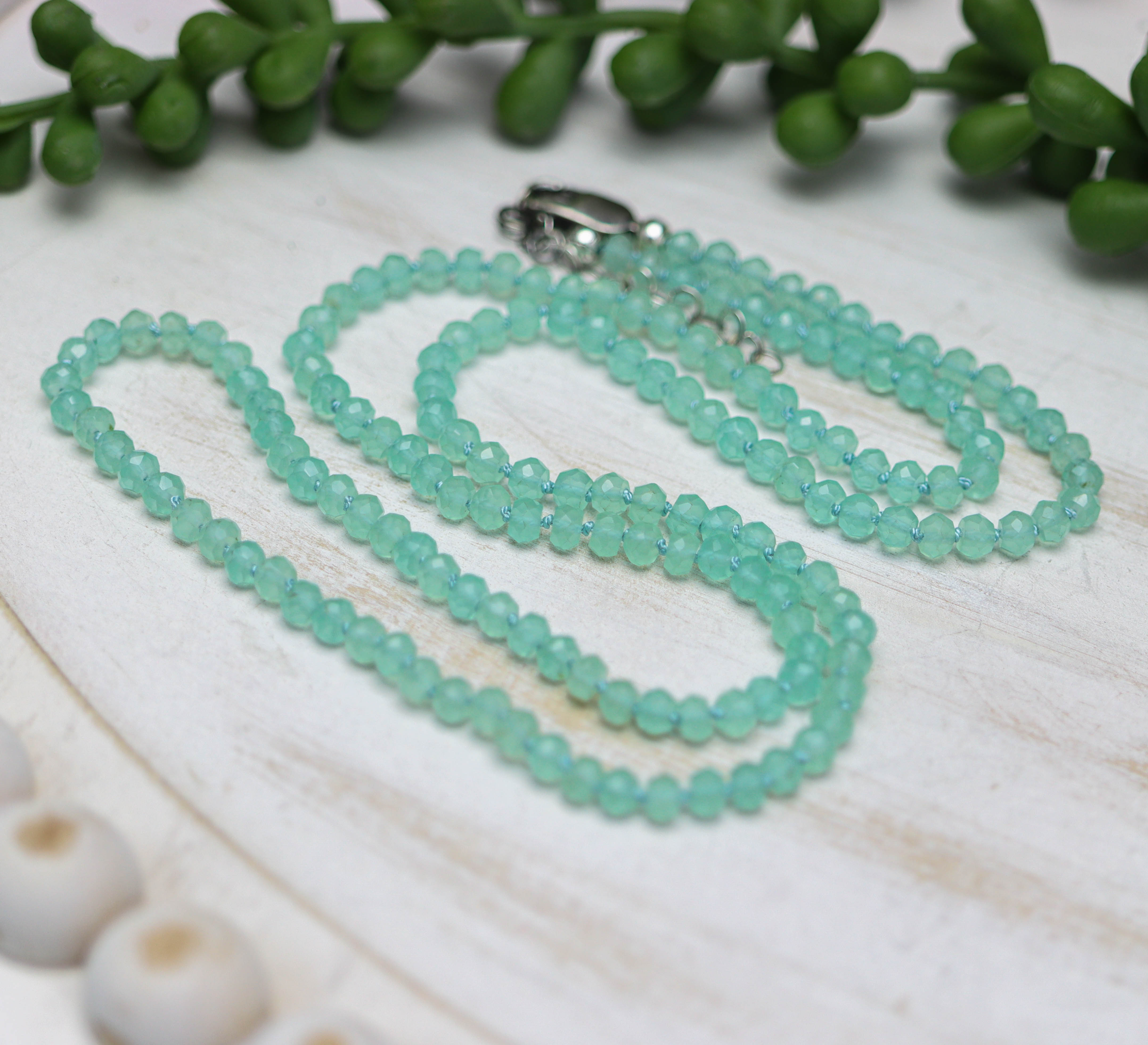 Aqua Chalcedony Hand Knotted Bead Necklace Sterling Silver