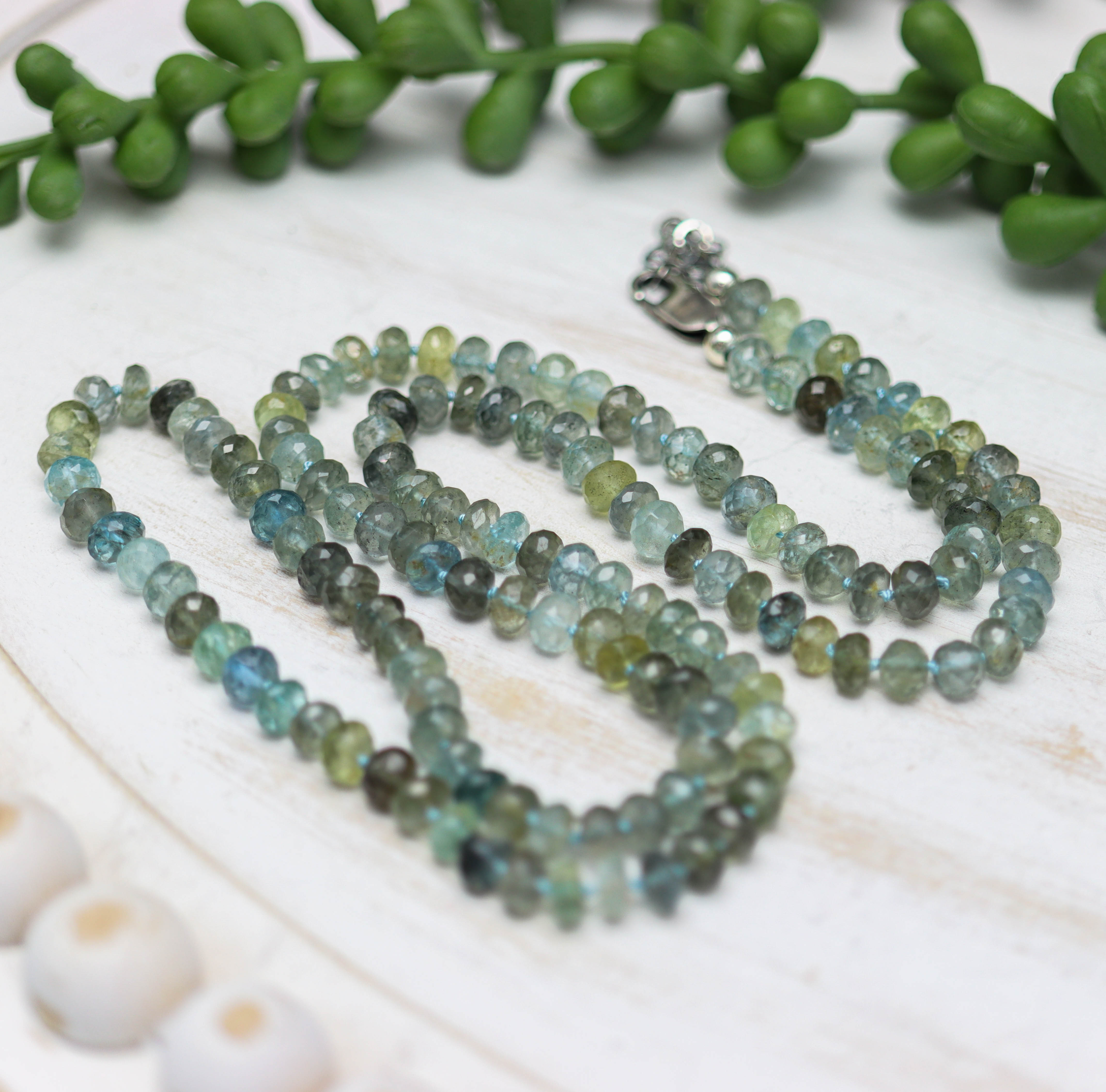 Moss Aquamarine Hand Knotted Bead Necklace Sterling Silver