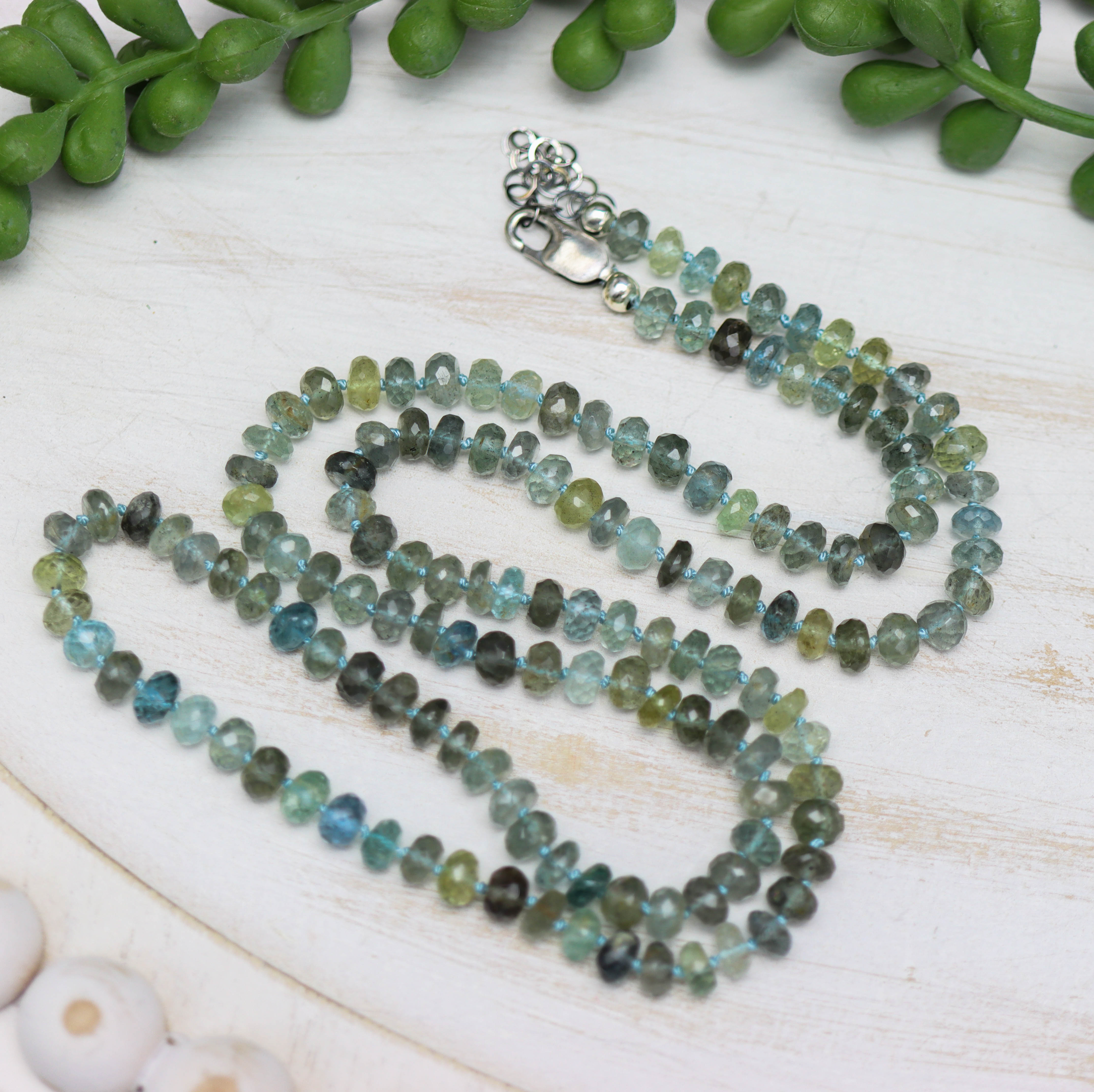 Moss Aquamarine Hand Knotted Bead Necklace Sterling Silver