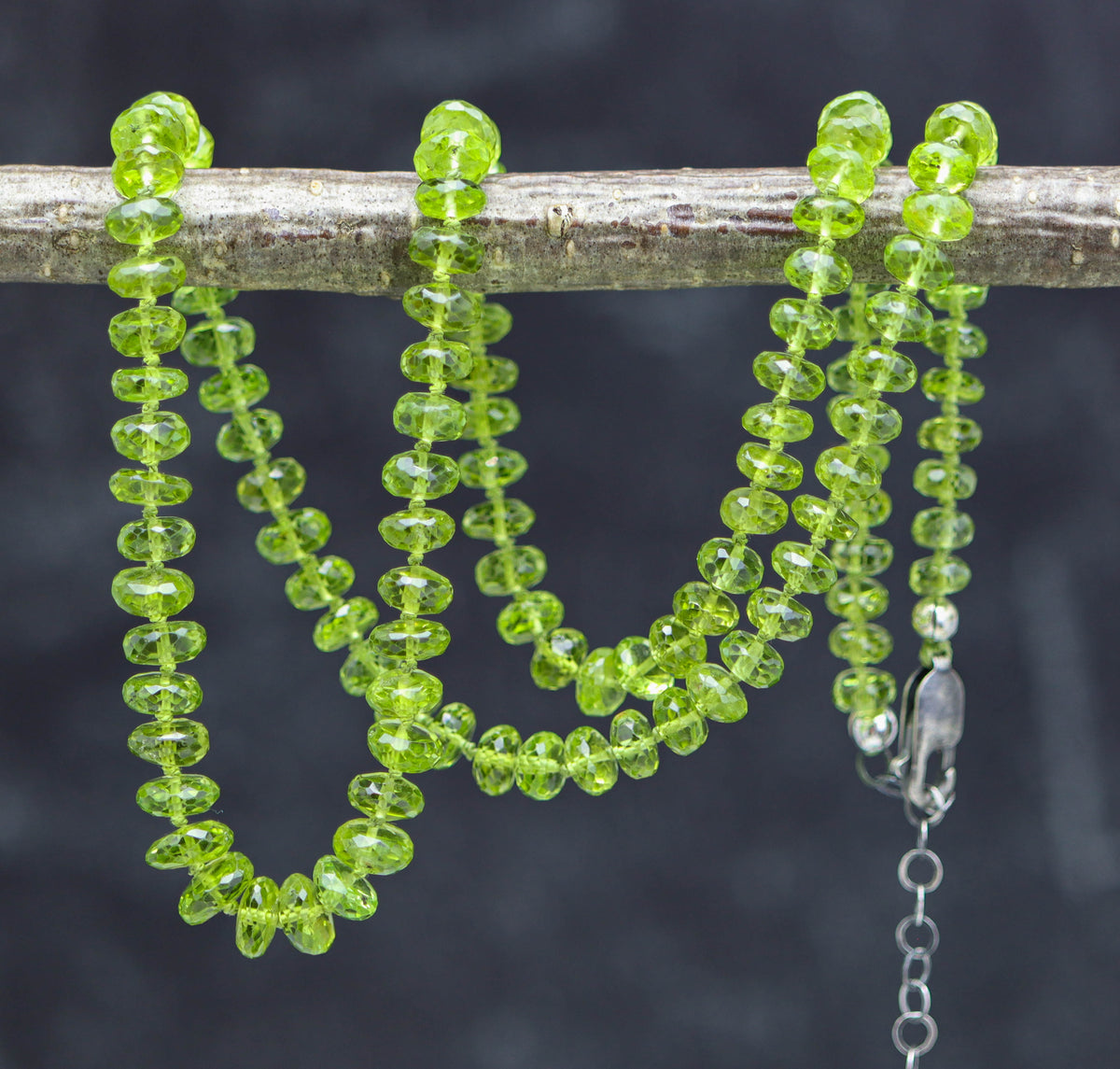 Green Peridot Hand Knotted Bead Necklace Sterling Silver