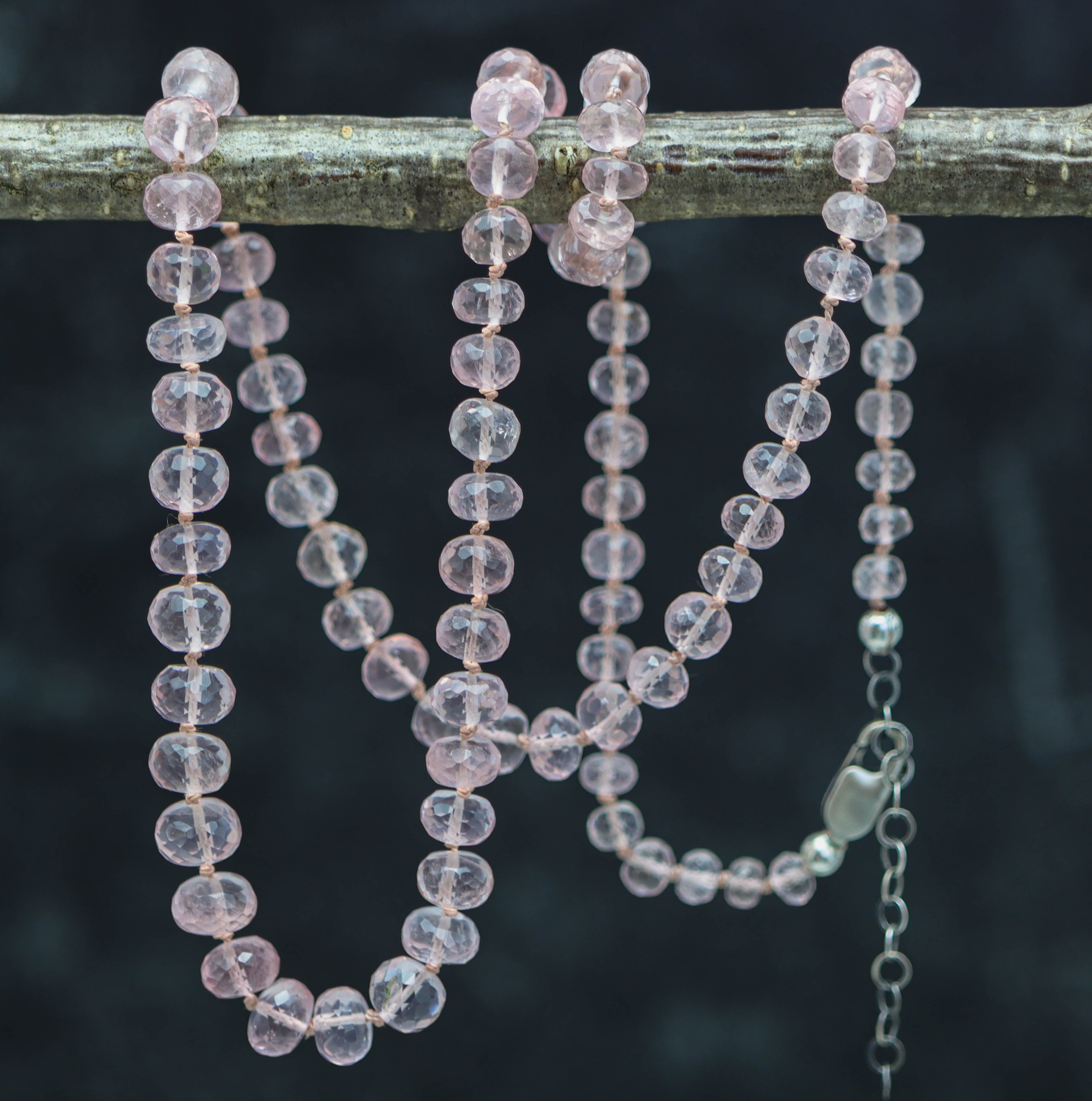 Madagascar Rose Quartz Hand Knotted Bead Necklace Sterling Silver