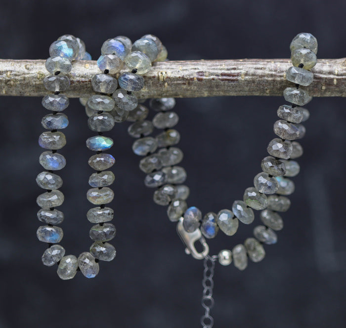 Labradorite Hand Knotted Bead Necklace Sterling Silver 18 Inch
