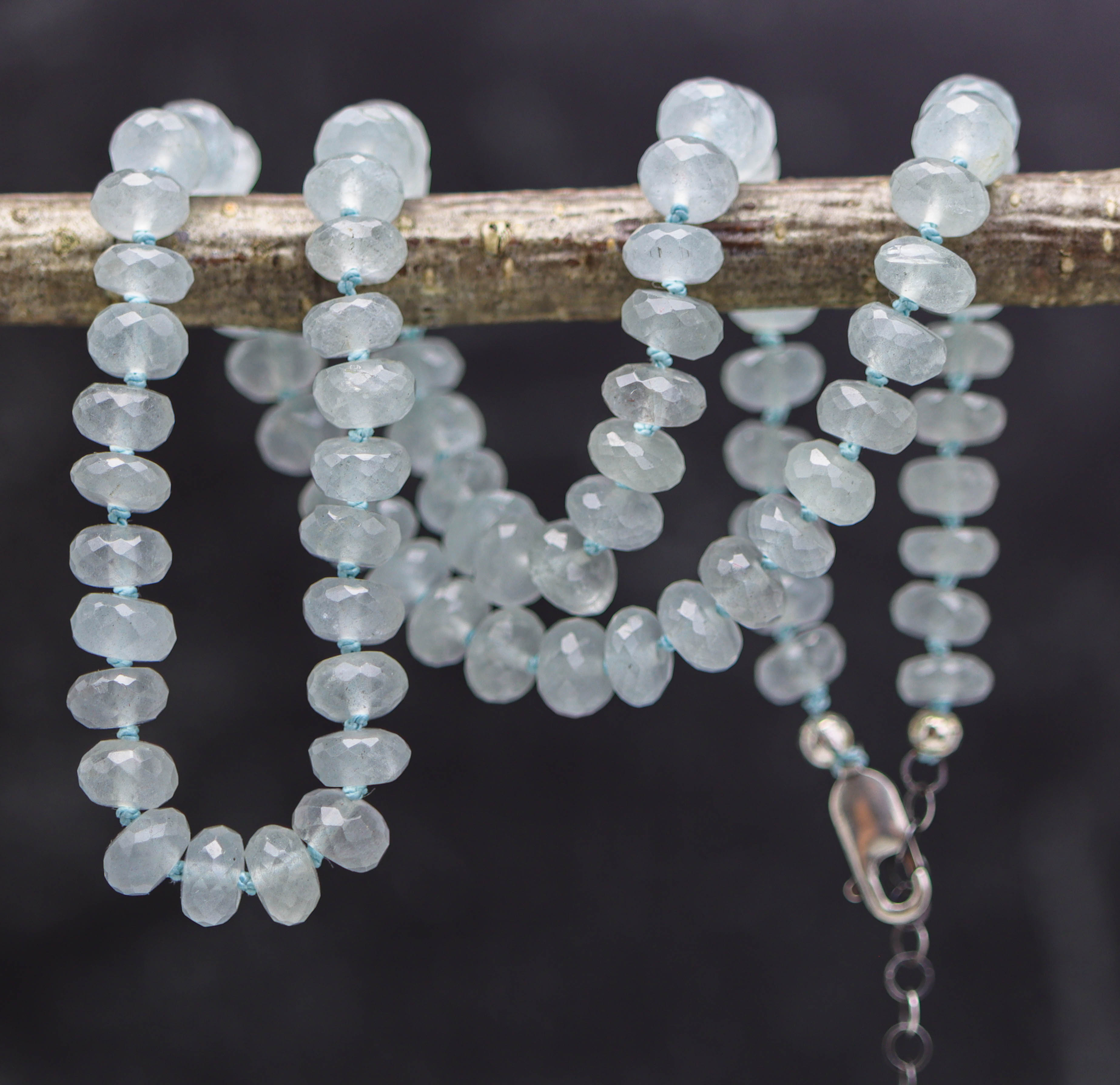 Blue Aquamarine Hand Knotted Bead Necklace Sterling Silver