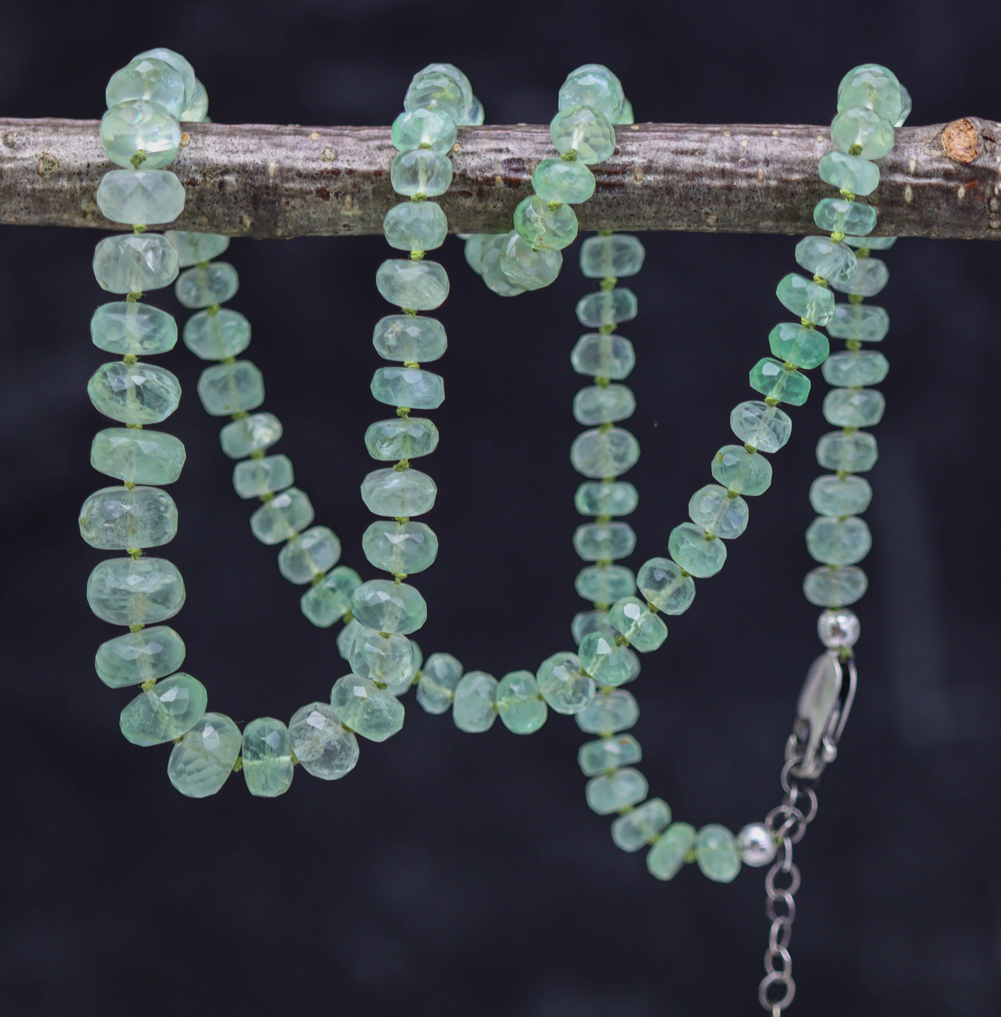 Green Aquamarine Hand Knotted Bead Necklace Sterling Silver