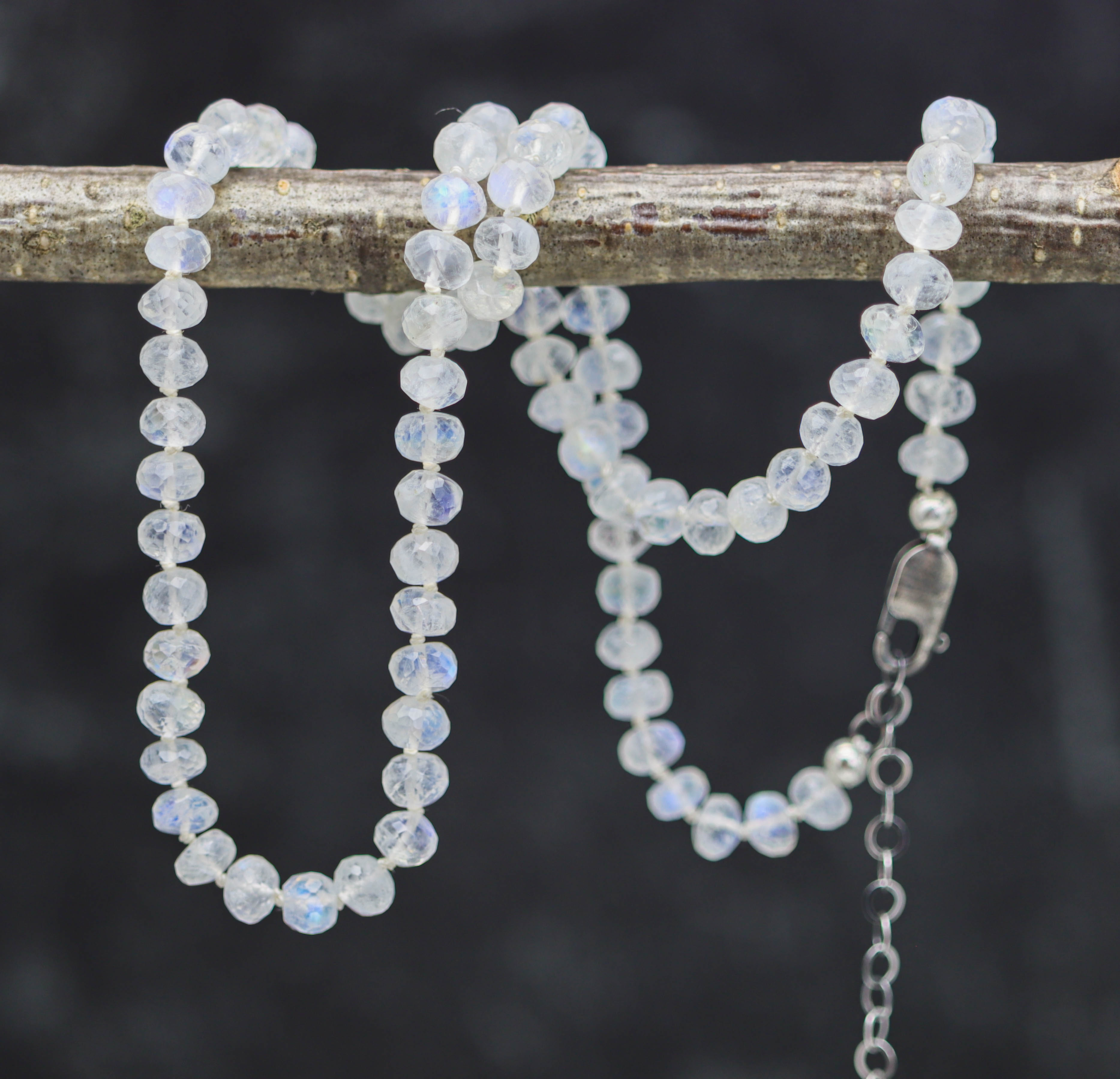 Rainbow Moonstone Hand Knotted Bead Necklace Sterling Silver 18 inch