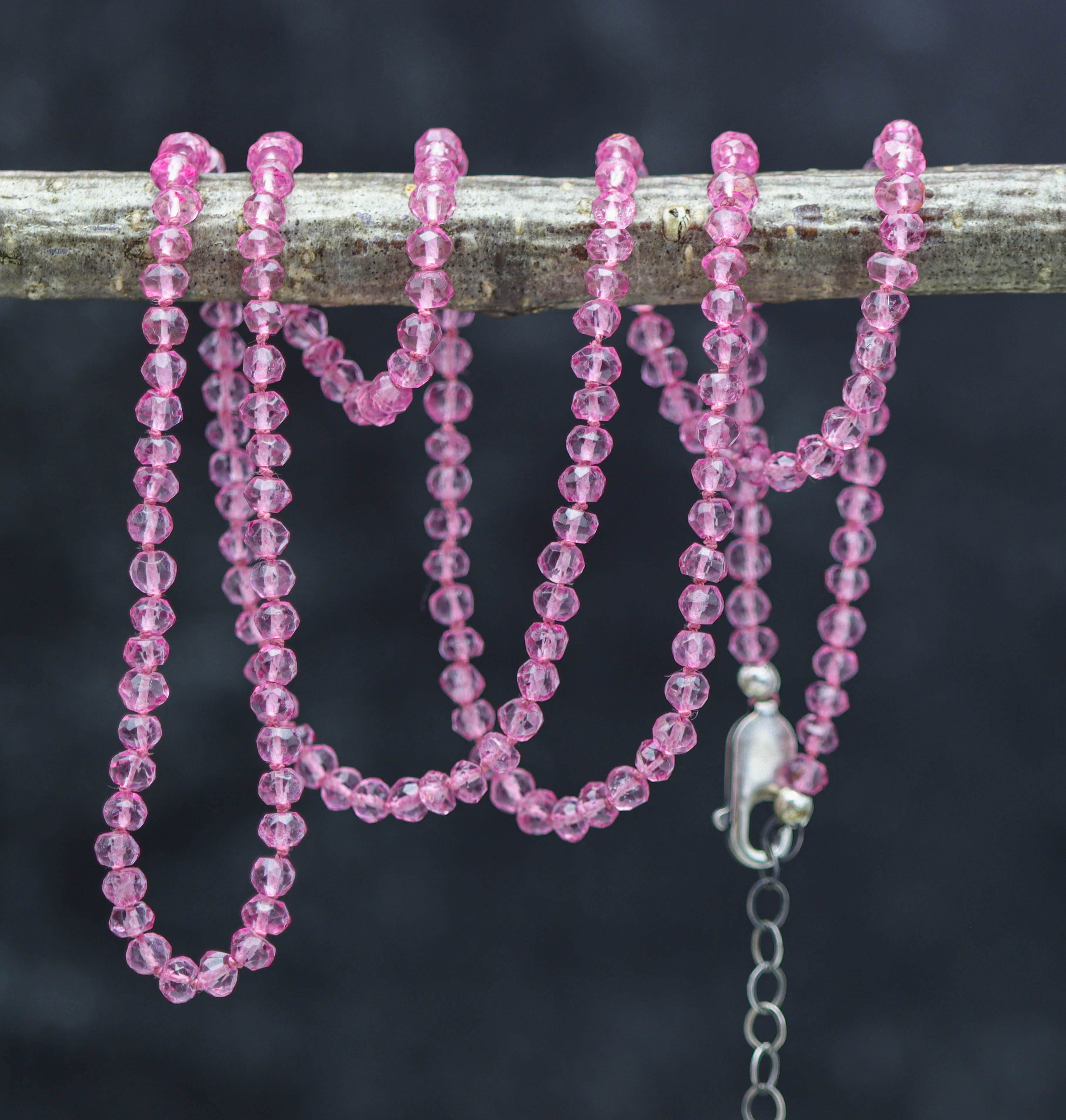 Pink Quartz Hand Knotted Bead Necklace Sterling Silver