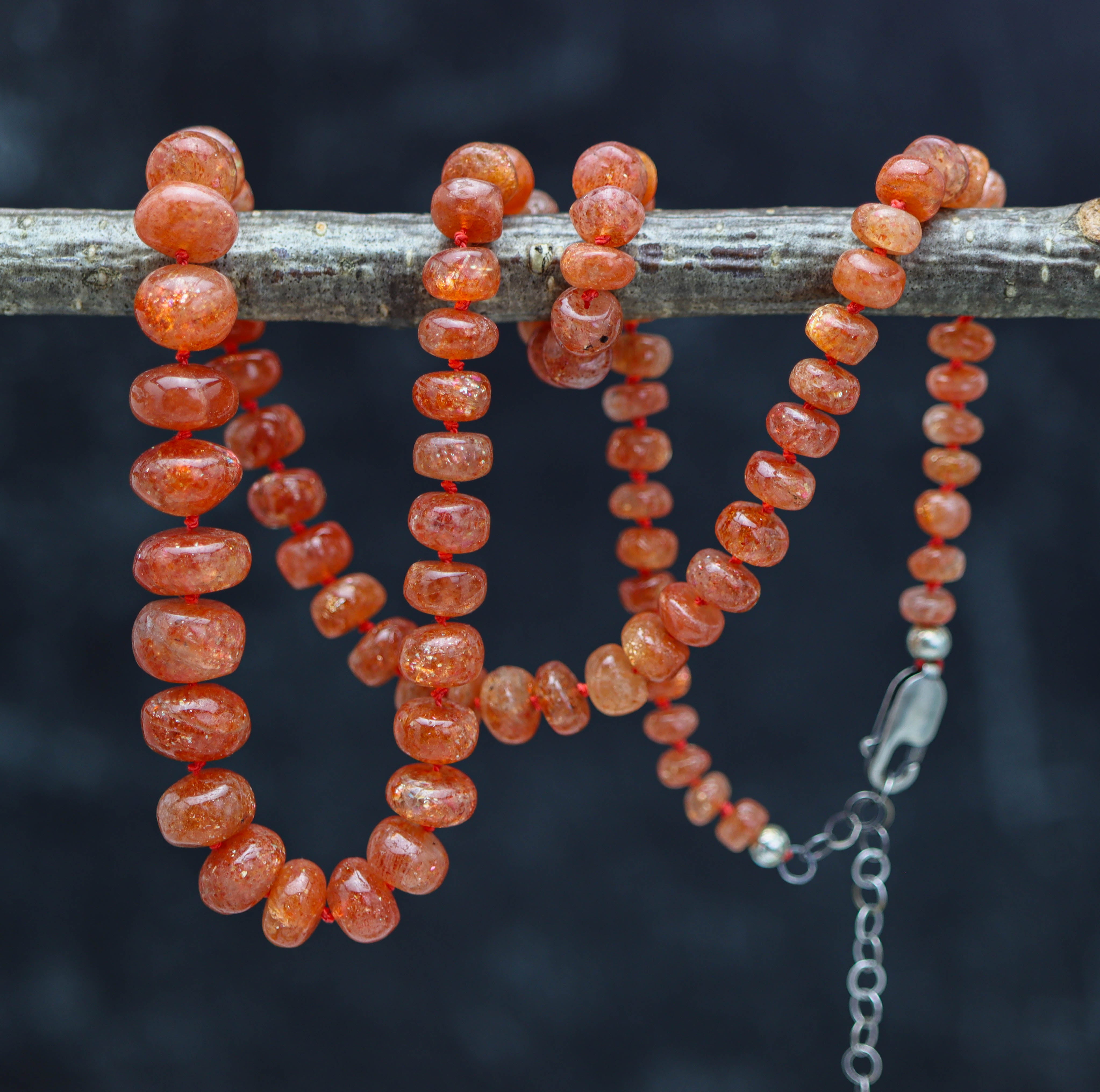 Sunstone Hand Knotted Bead Necklace Sterling Silver