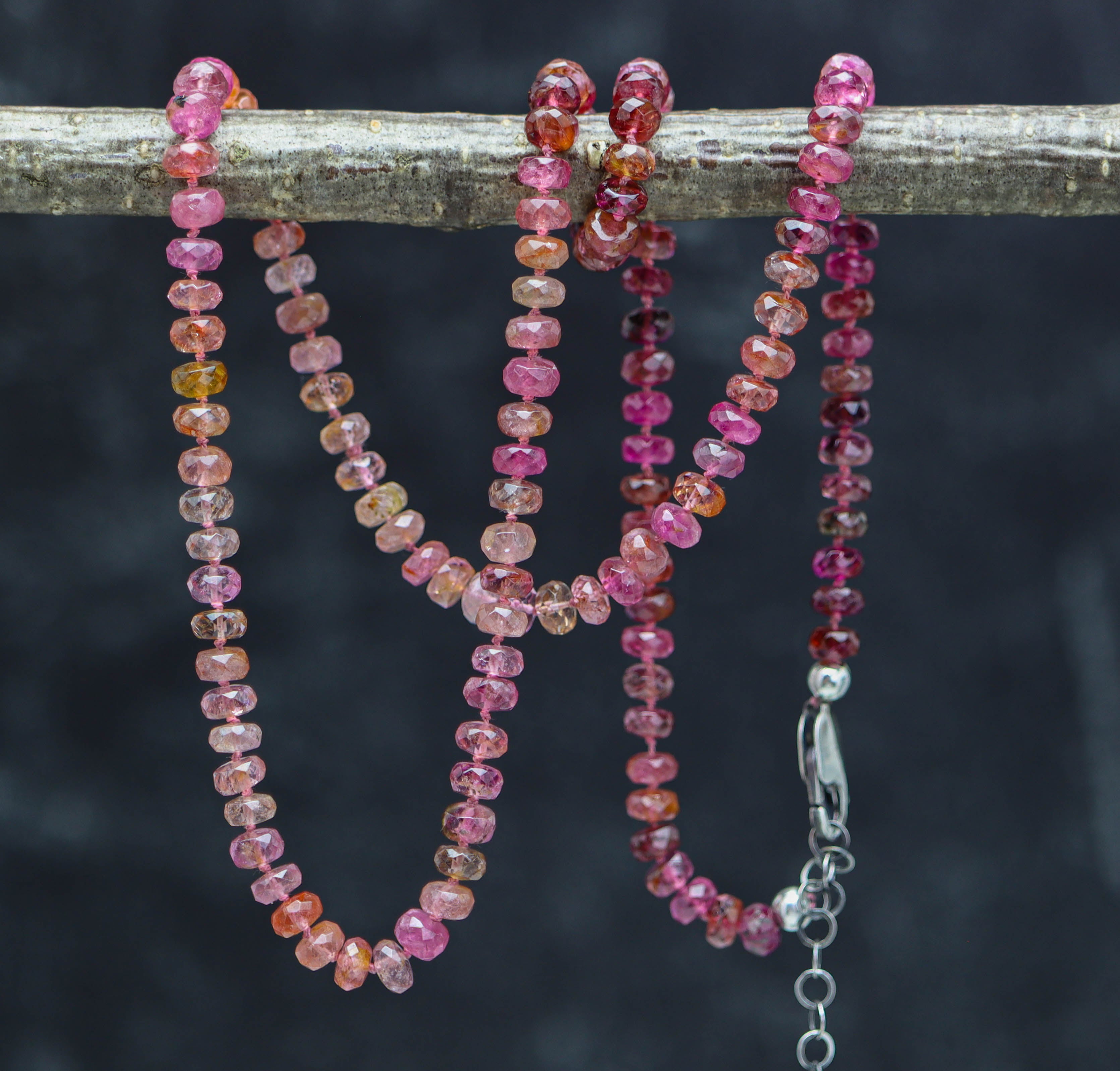 Pink Tourmaline Hand Knotted Bead Necklace Sterling Silver 20 Inches