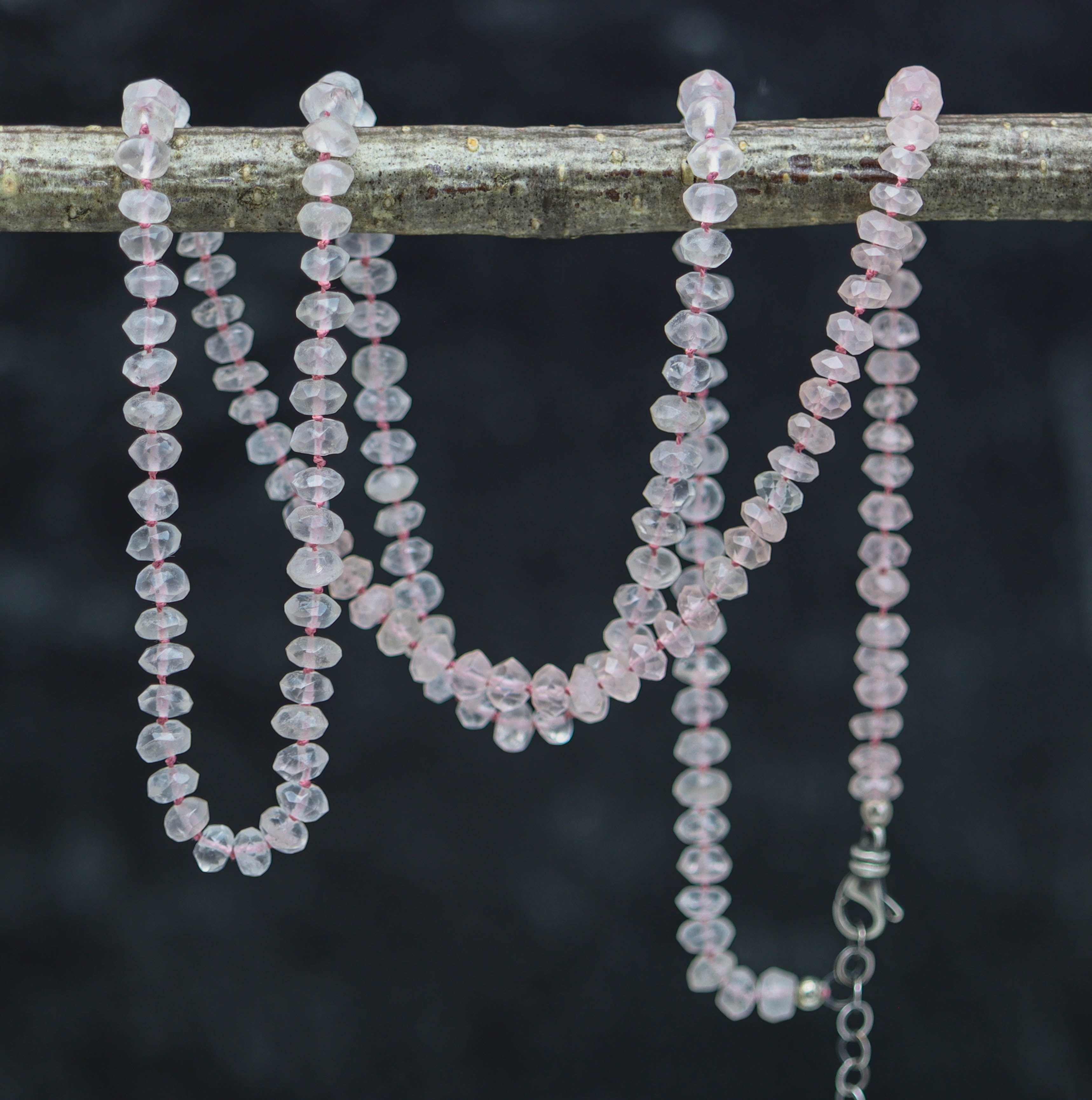 Rose Quartz Hand Knotted Bead Necklace Sterling Silver