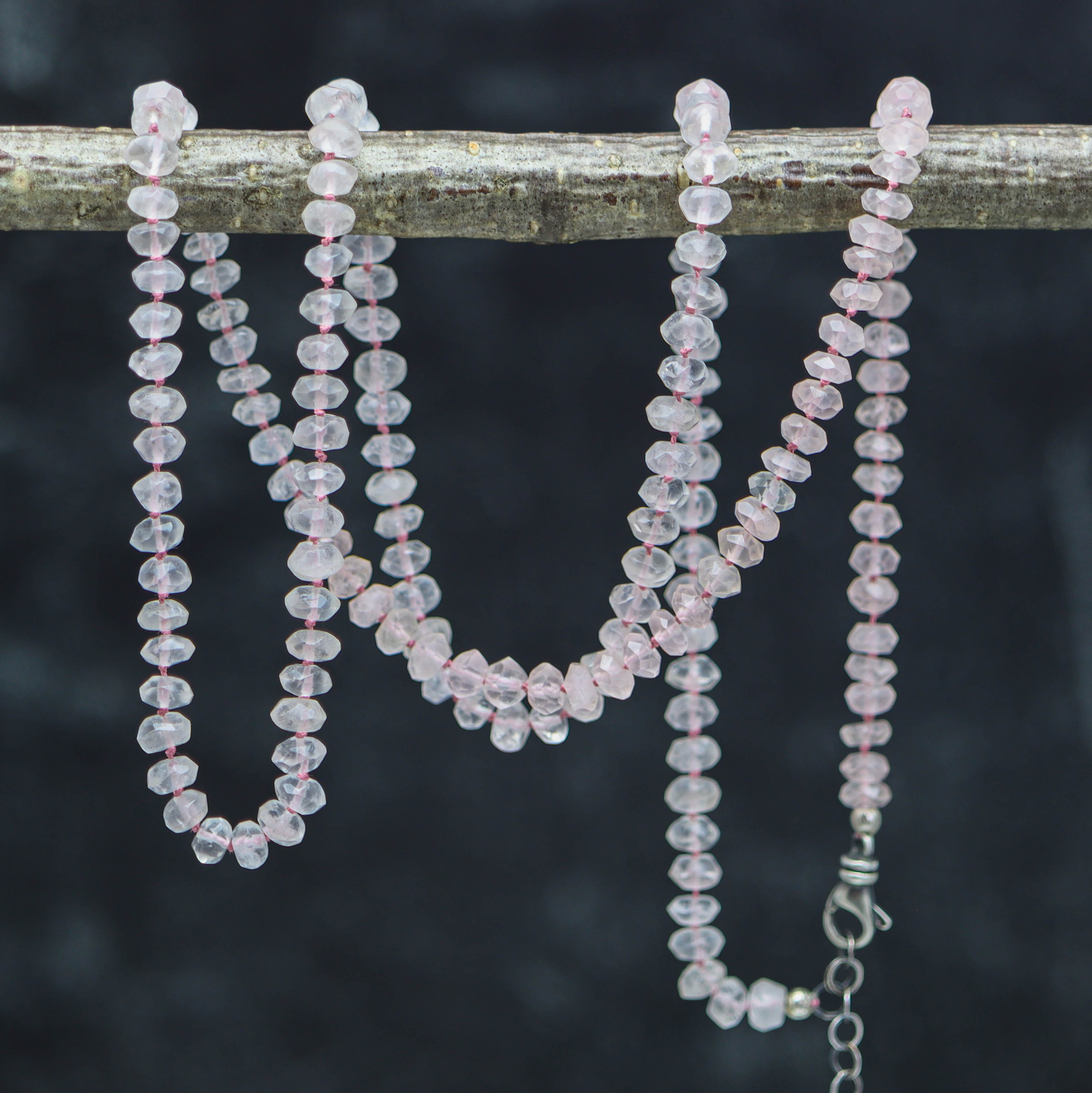 Rose Quartz Hand Knotted Bead Necklace Sterling Silver