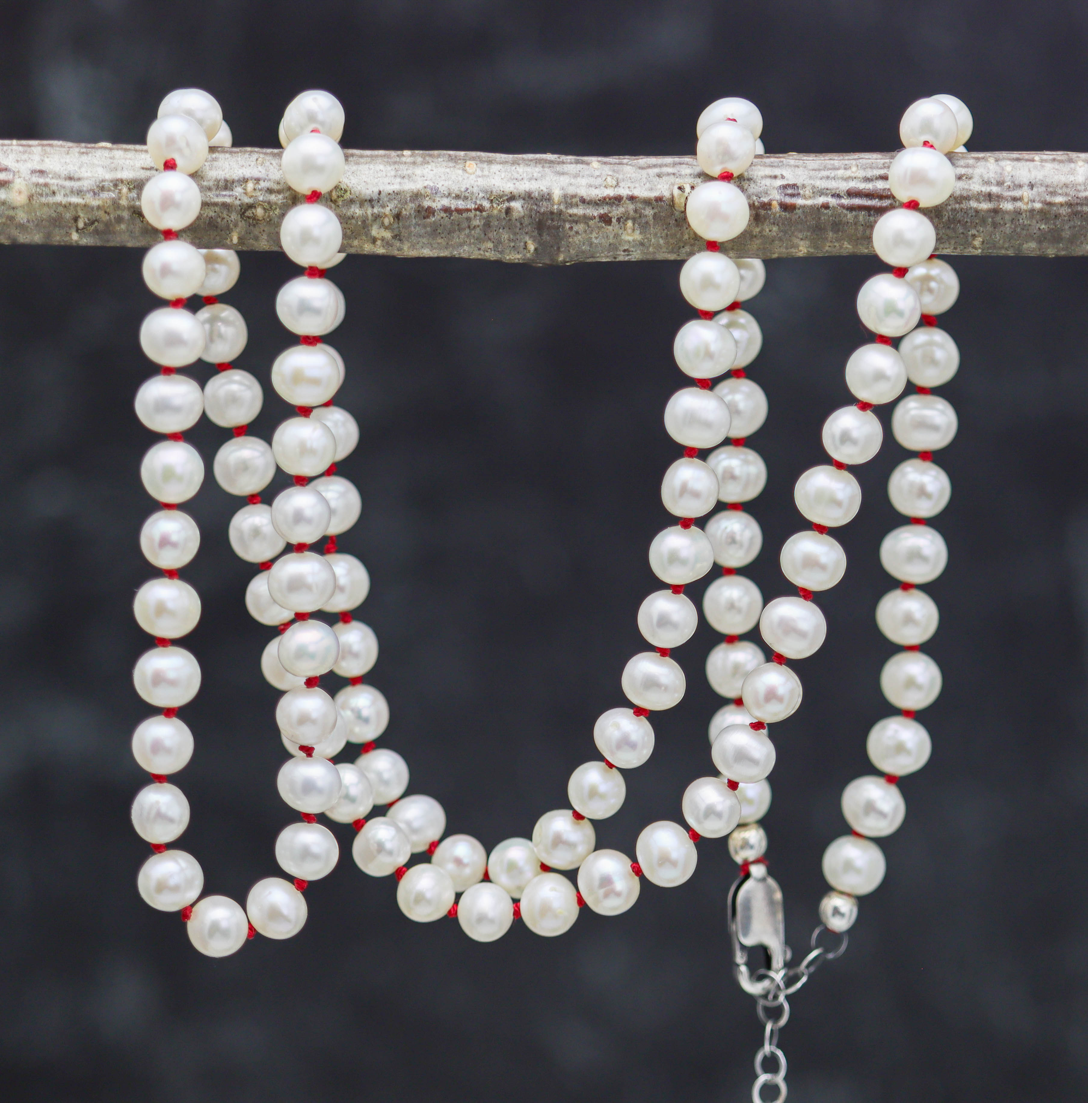 Pearl necklace with red accents draped over a branch against a dark background