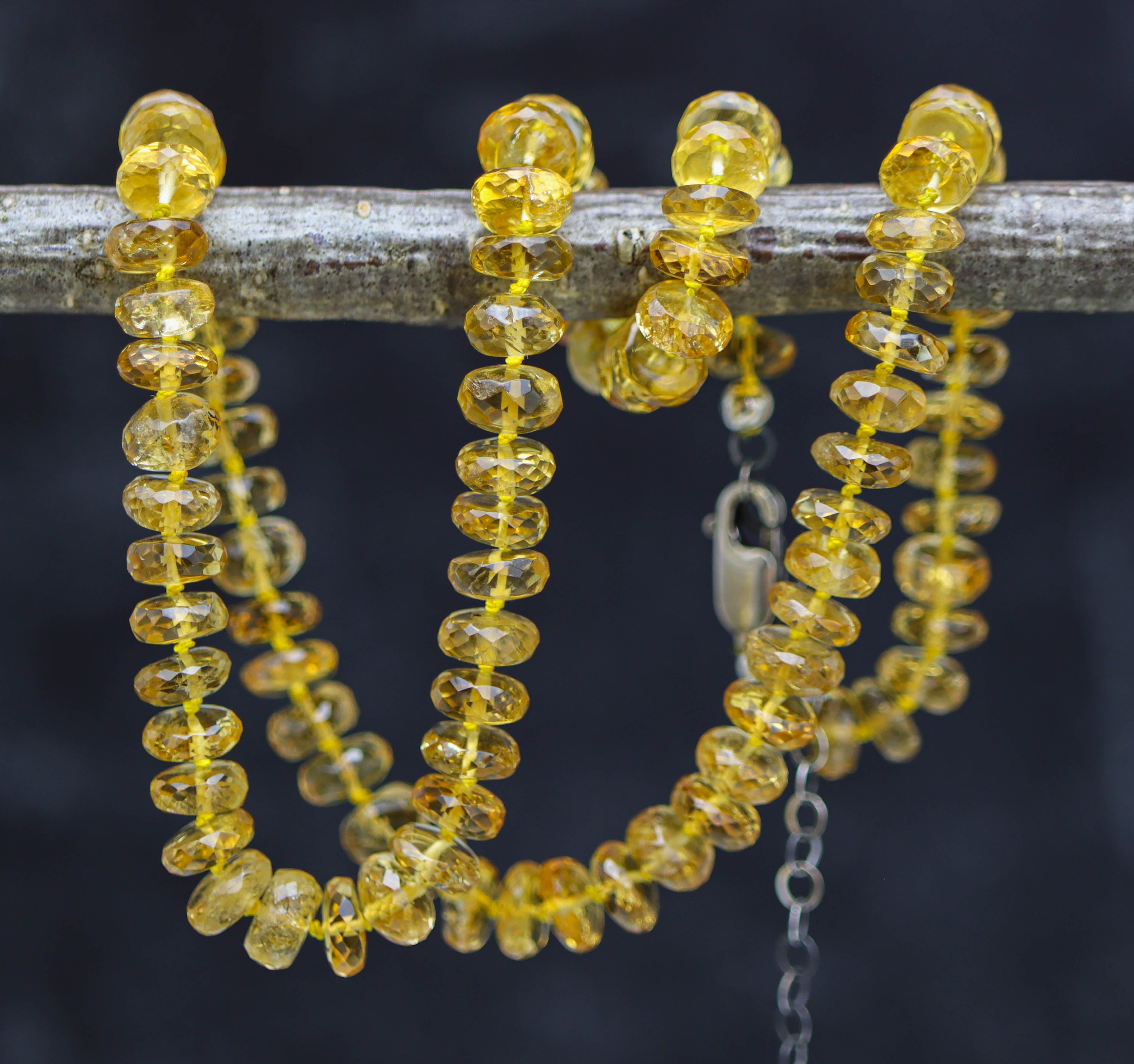 Stunning Yellow Citrine Hand Knotted Bead Necklace Sterling Silver
