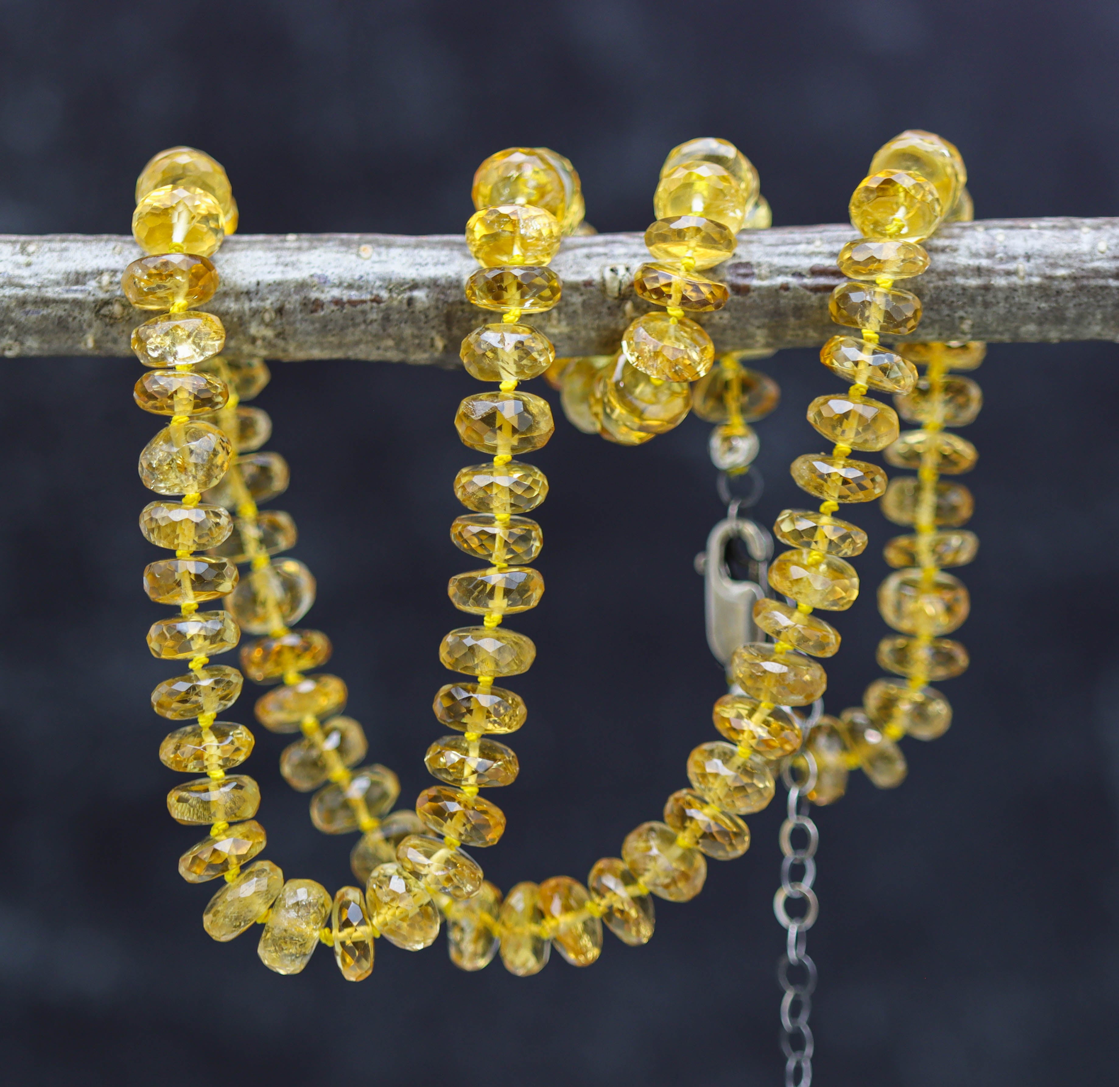 Stunning Yellow Citrine Hand Knotted Bead Necklace Sterling Silver