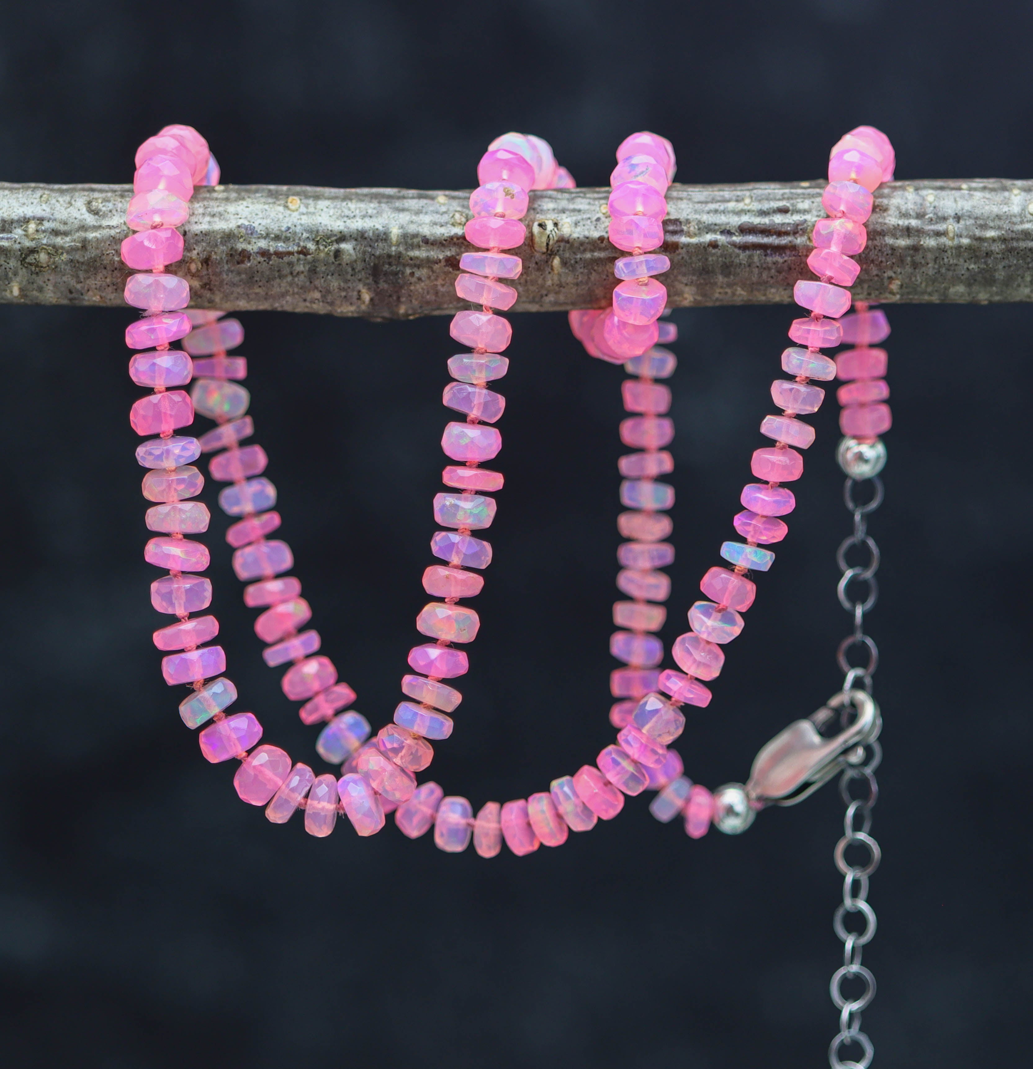 Hot Pink Opal Hand Knotted Bead Necklace Sterling Silver