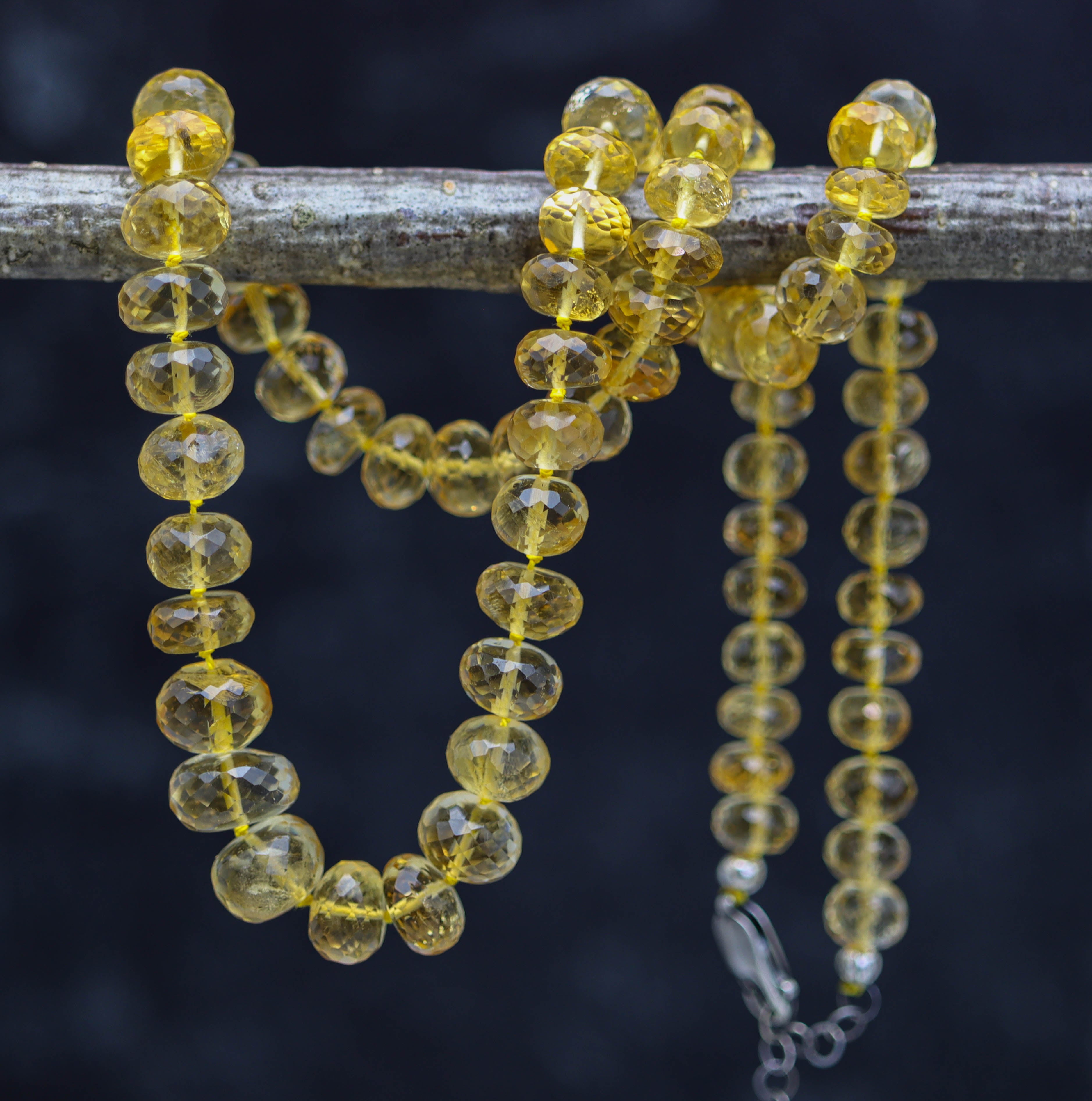 Stunning Yellow Citrine Hand Knotted Bead Necklace Sterling Silver