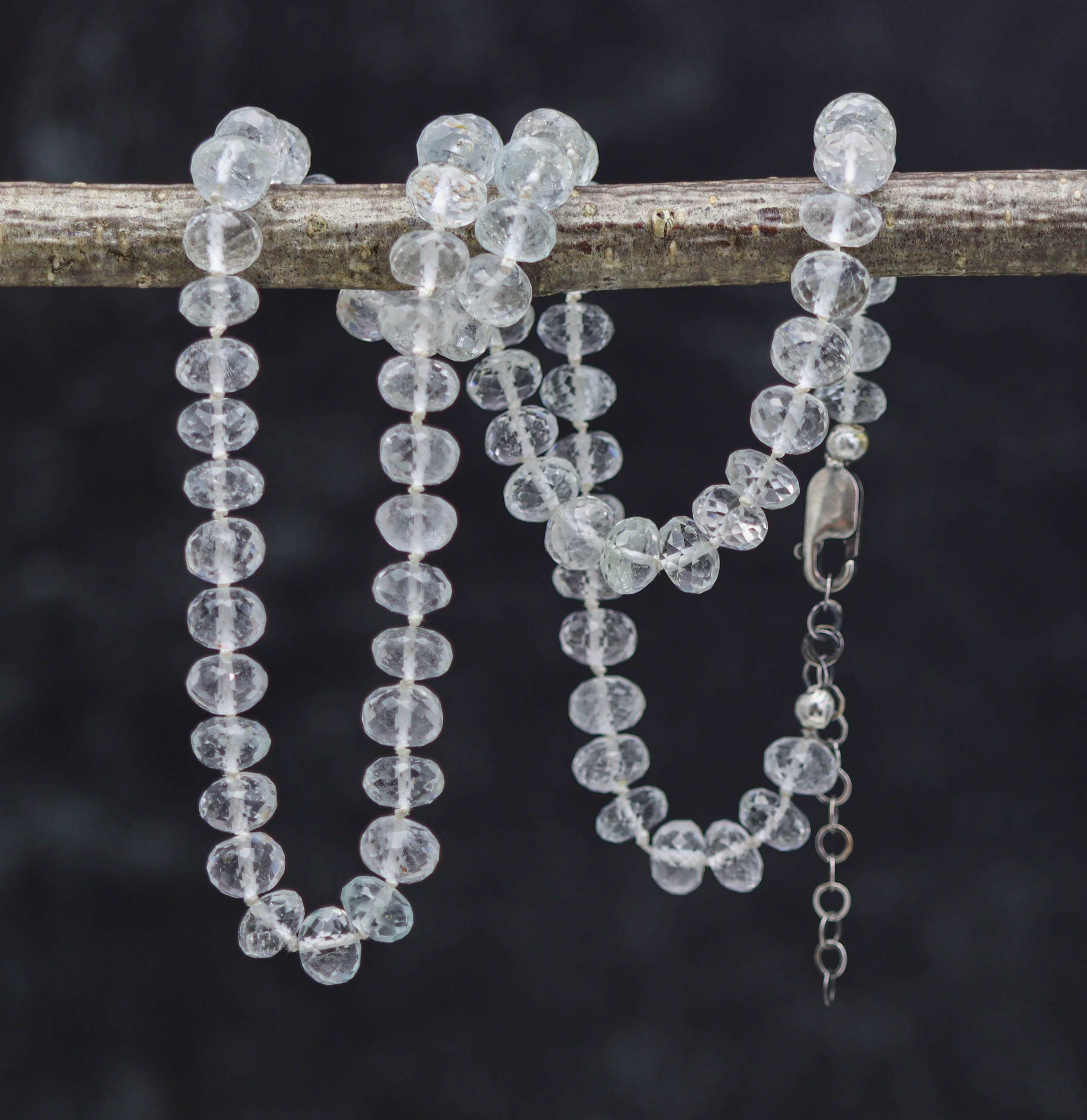 White Topaz Hand Knotted Bead Necklace Sterling Silver