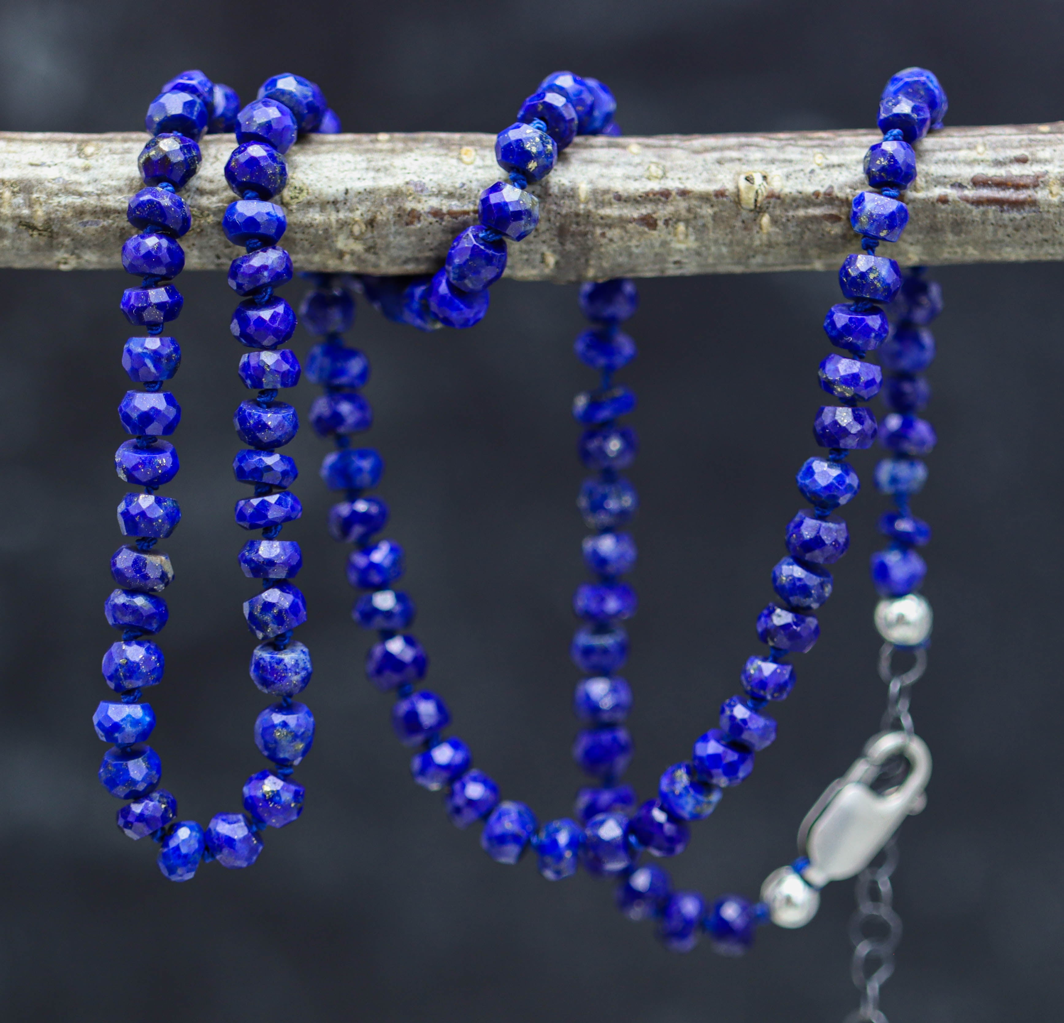 Blue Lapis Hand Knotted Bead Necklace Sterling Silver