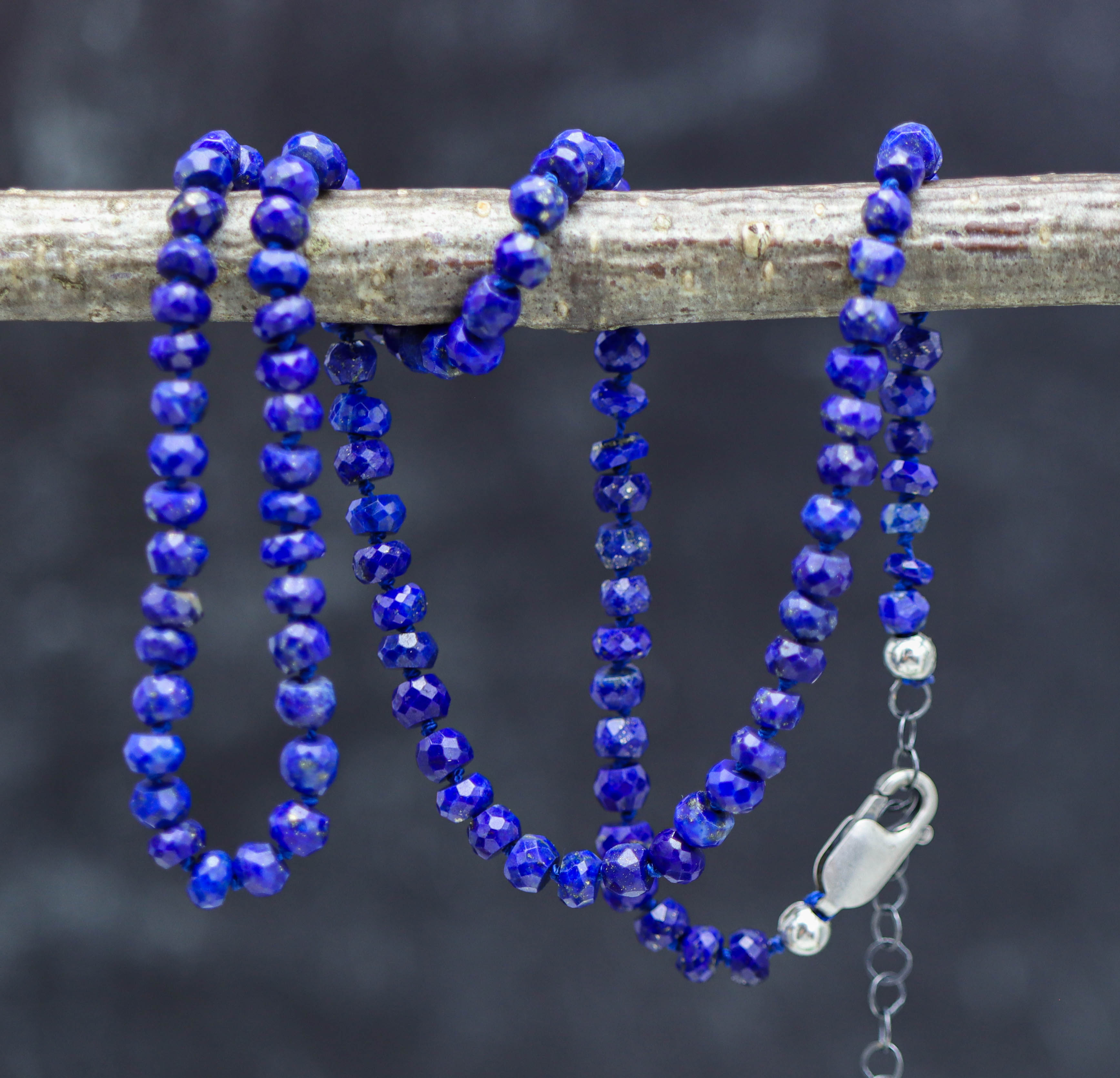 Blue Lapis Hand Knotted Bead Necklace Sterling Silver