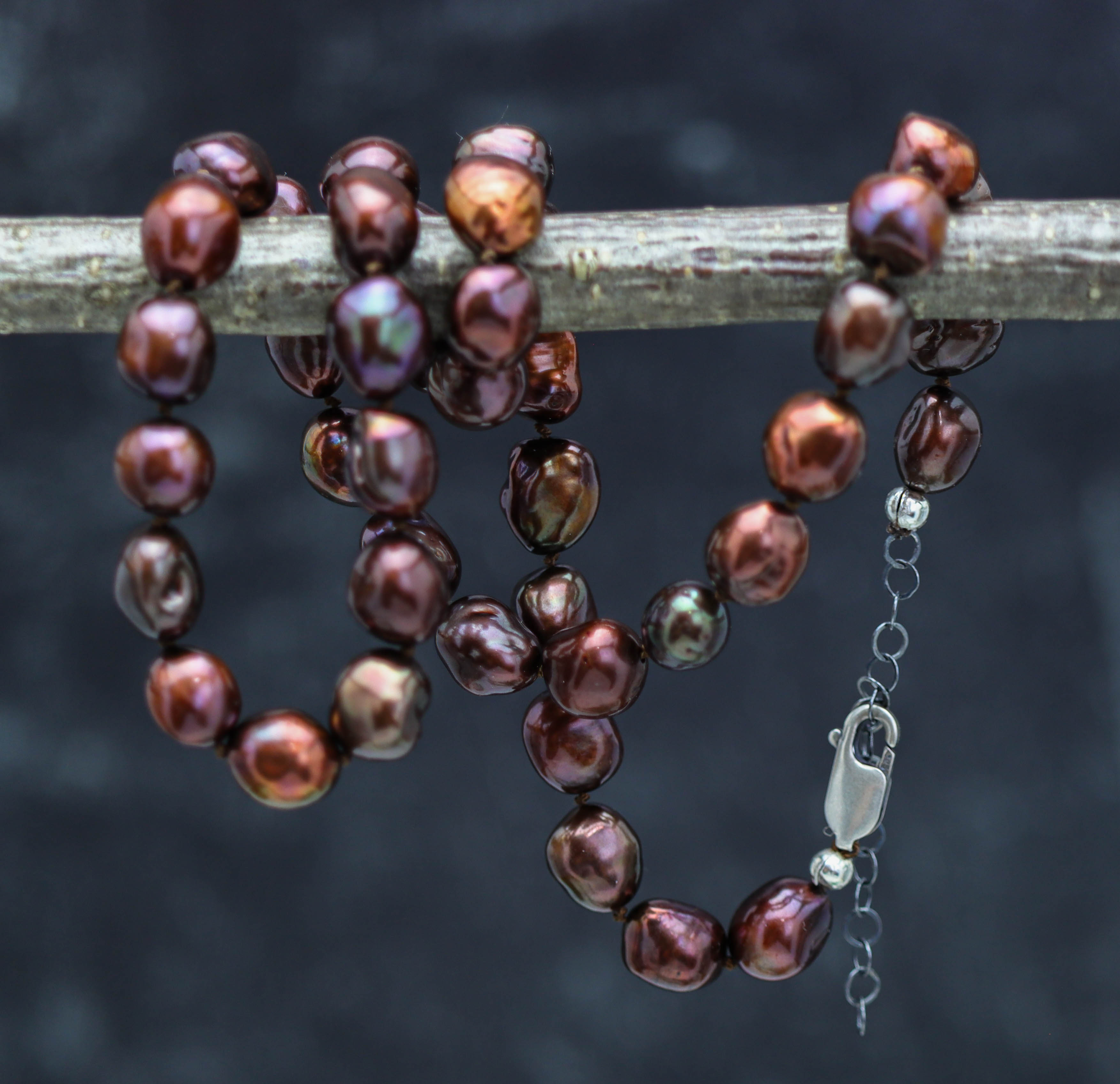 Chocolate Freshwater Baroque Pearl Hand-Knotted Strand Necklace in Sterling Silver