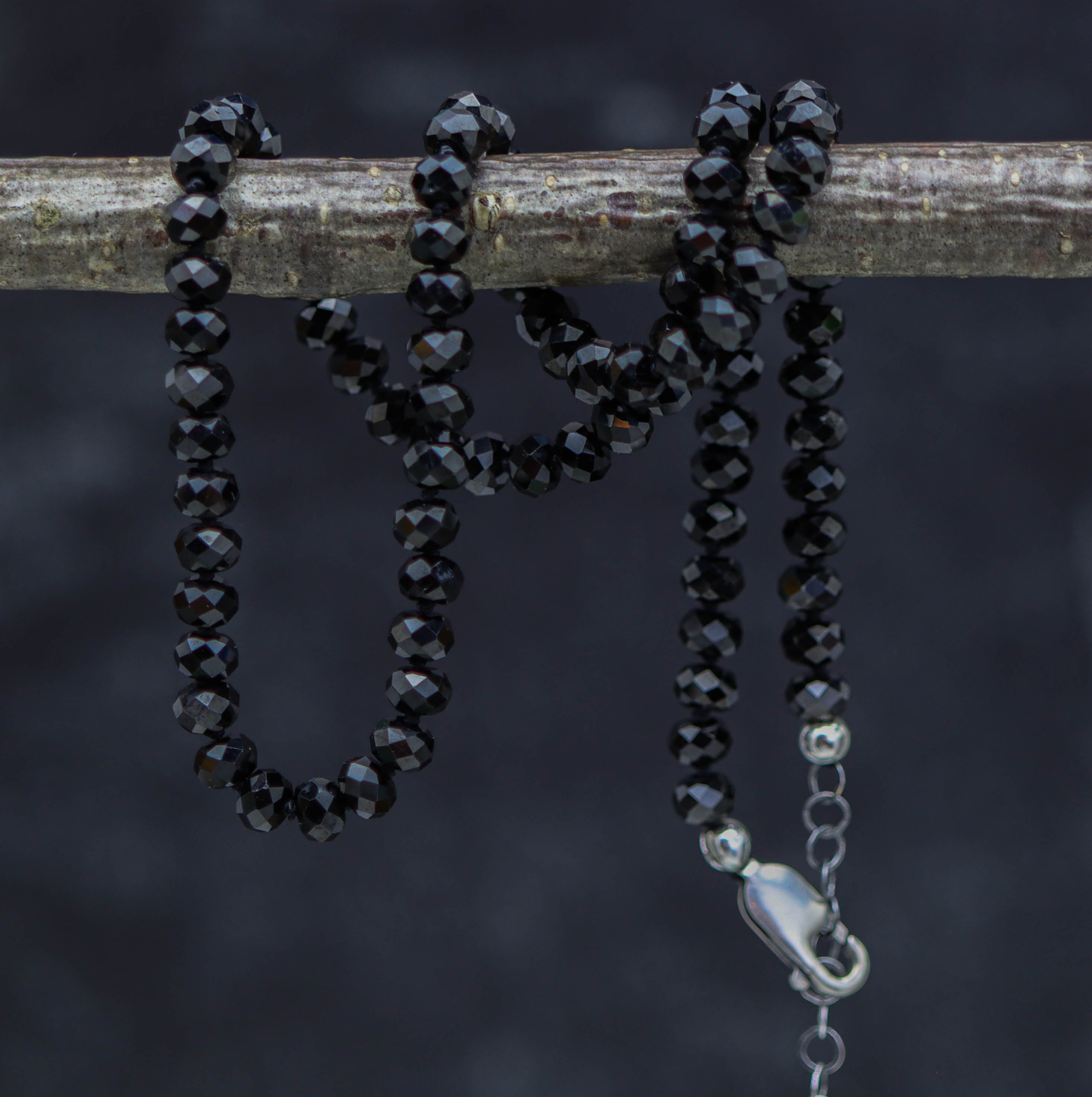 Sparkly Black Spinel Hand Knotted Bead Necklace Sterling Silver 16 Inch