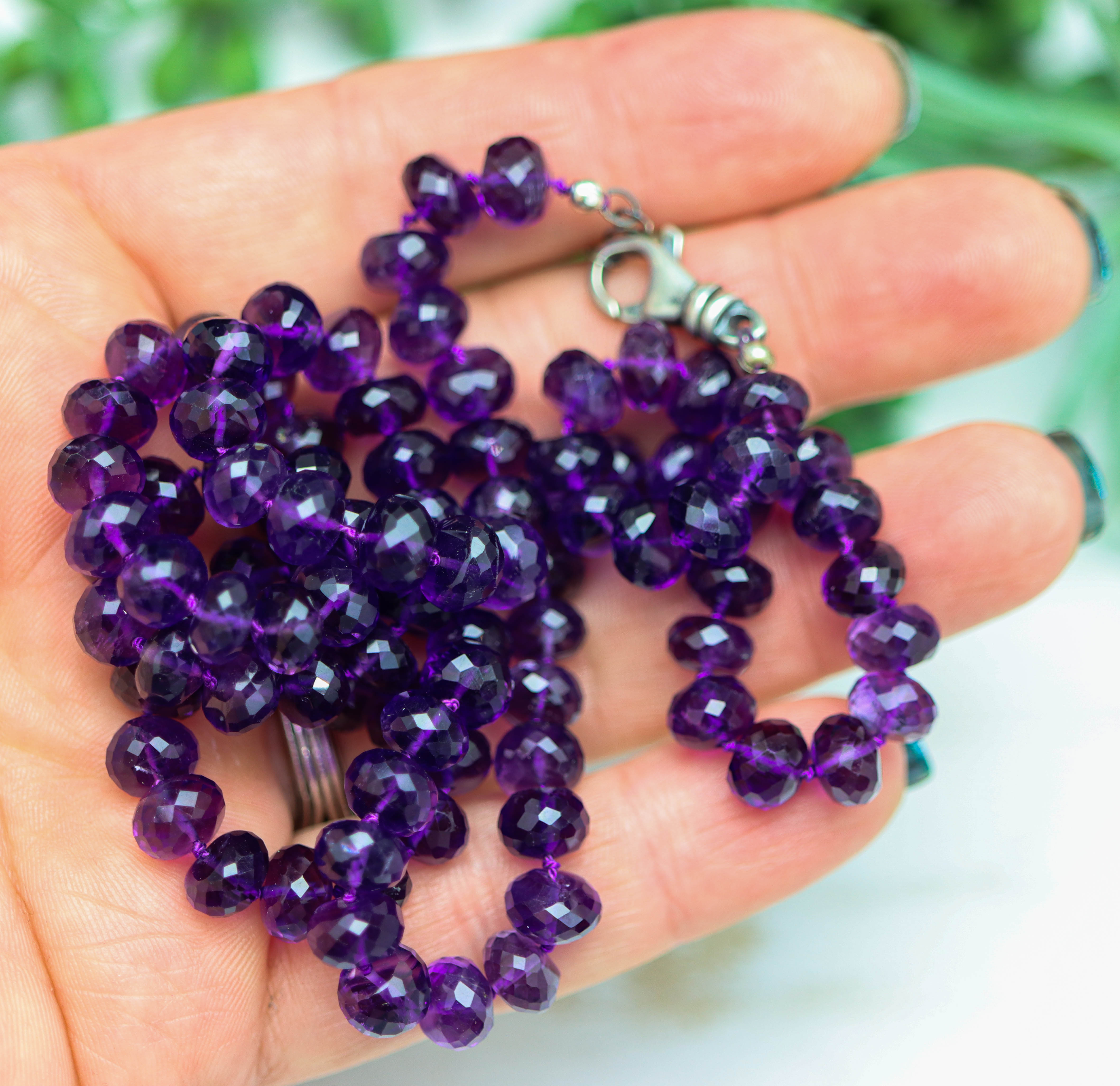 Amethyst Hand Knotted Bead Necklace Sterling Silver