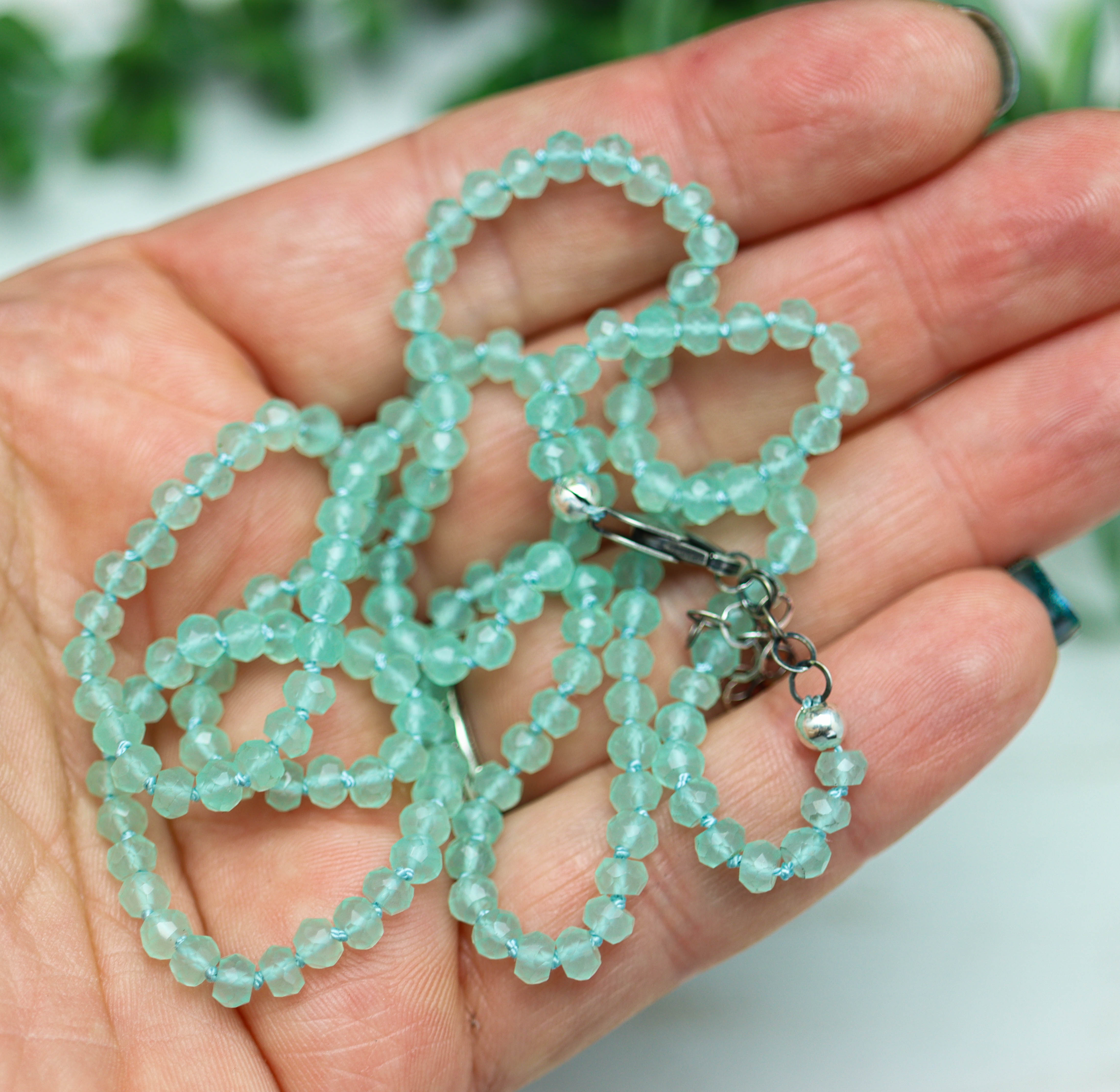 Aqua Chalcedony Hand Knotted Bead Necklace Sterling Silver