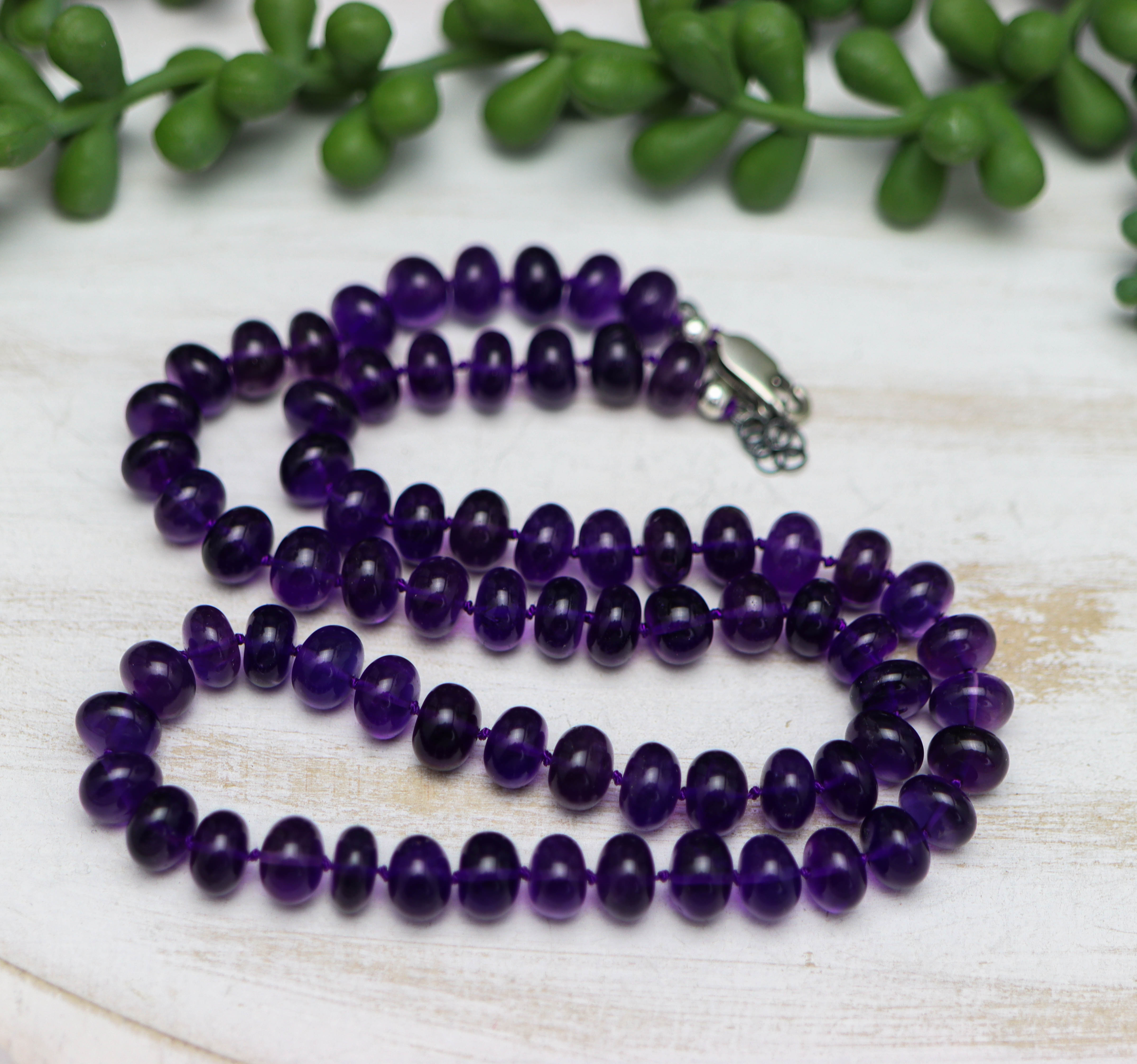 Amethyst Hand Knotted Bead Necklace Sterling Silver