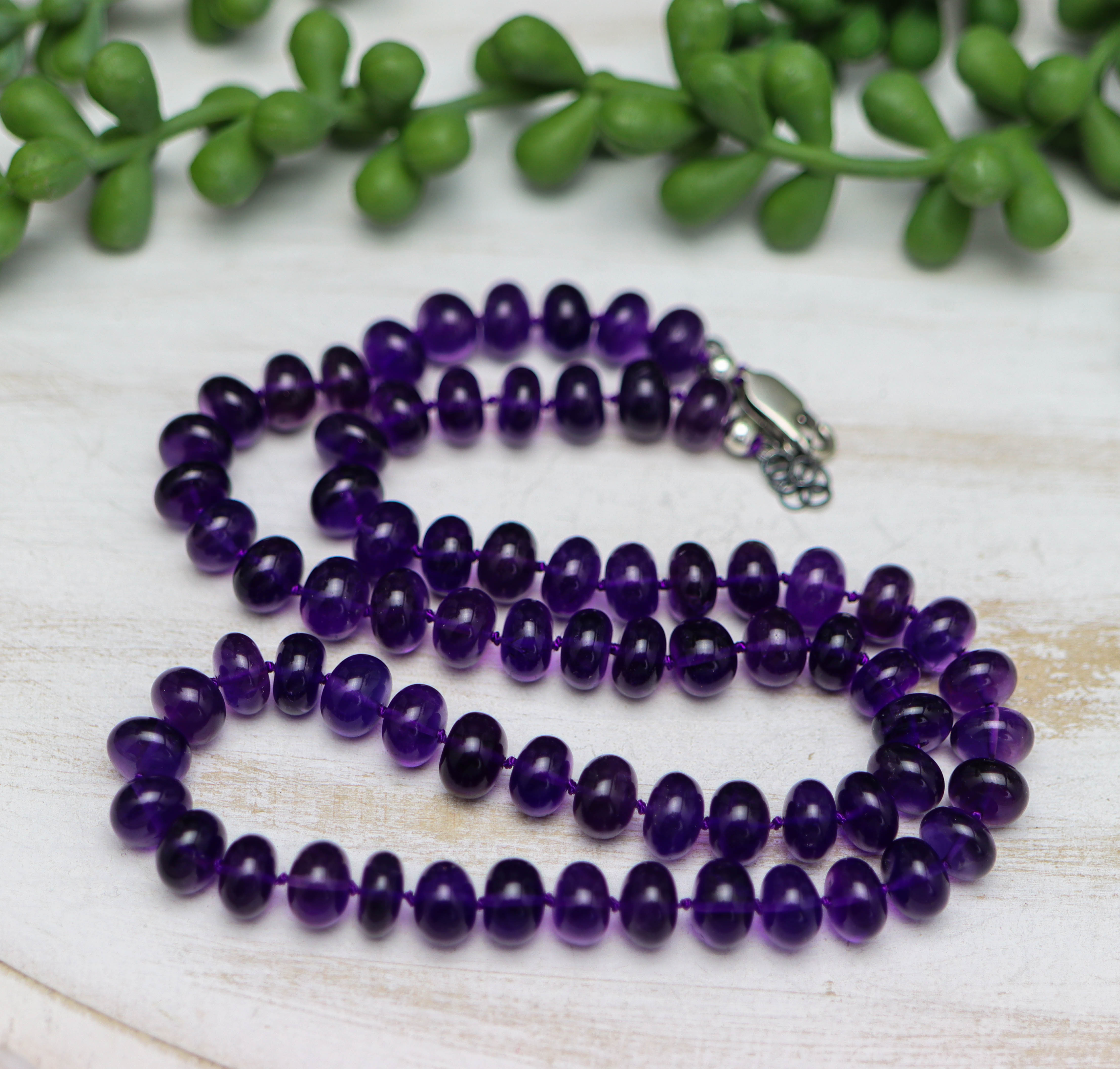 Amethyst Hand Knotted Bead Necklace Sterling Silver