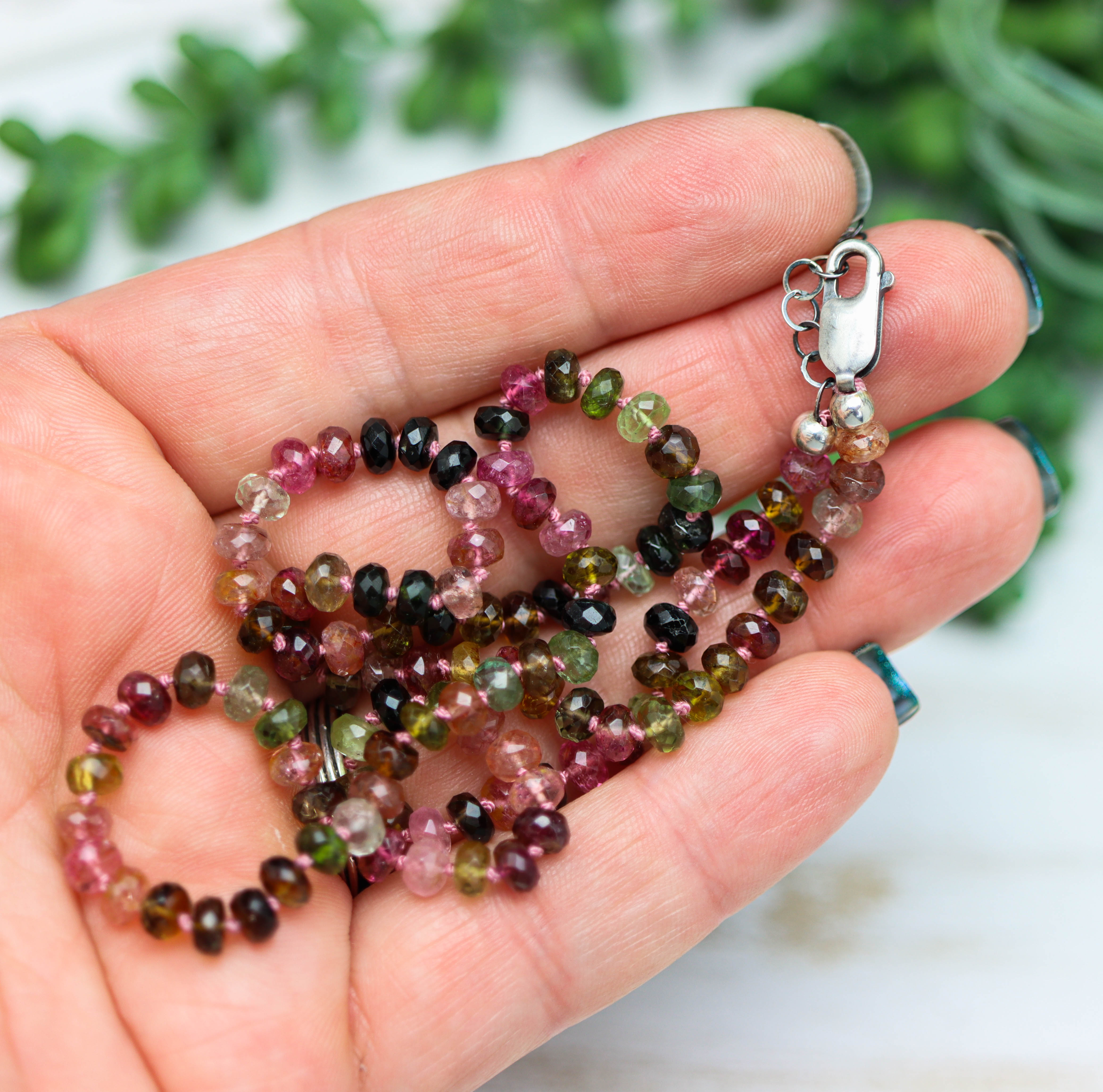 Multi Colored Tourmaline Hand Knotted Bead Necklace Sterling Silver