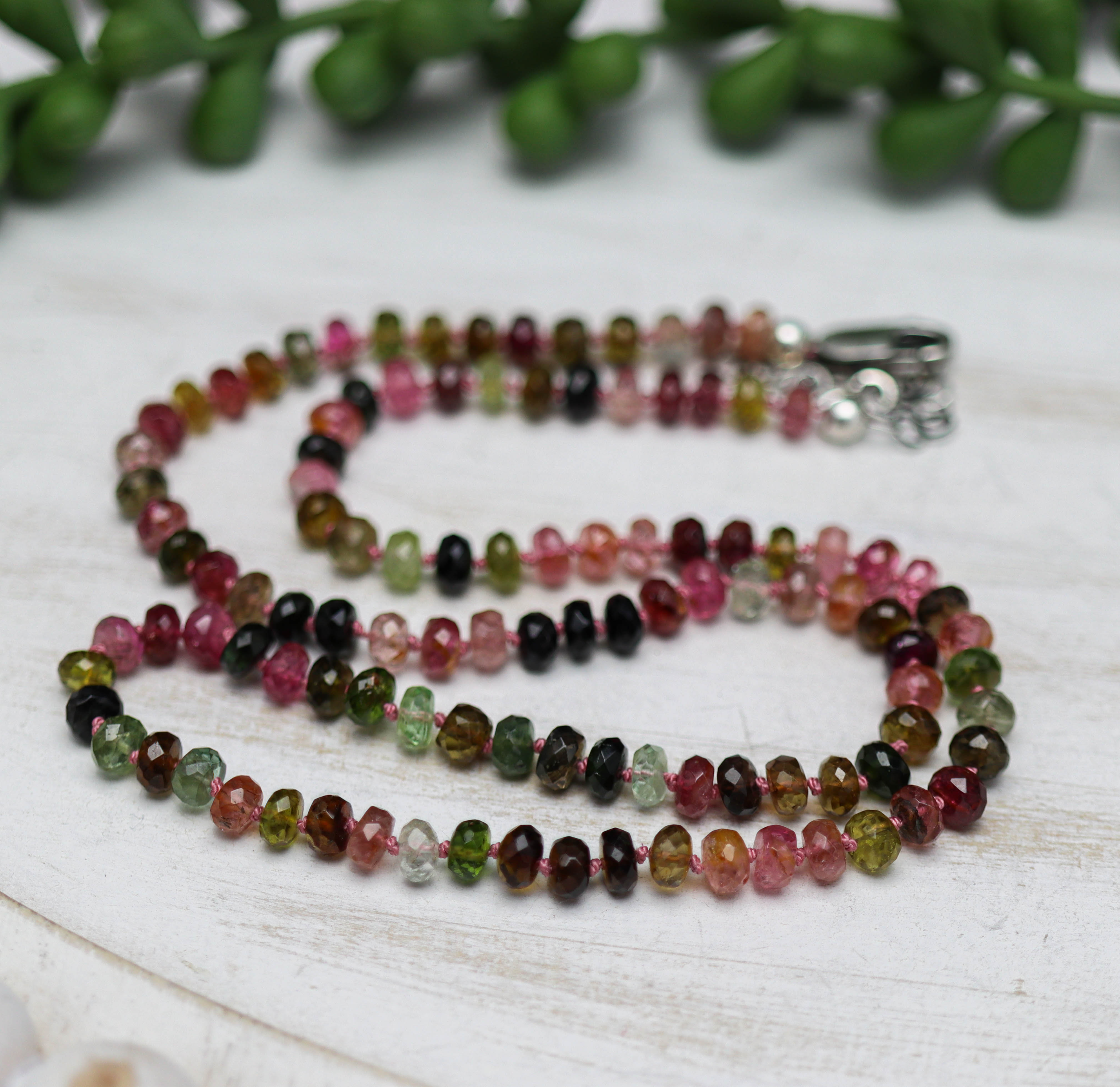 Multi Colored Tourmaline Hand Knotted Bead Necklace Sterling Silver