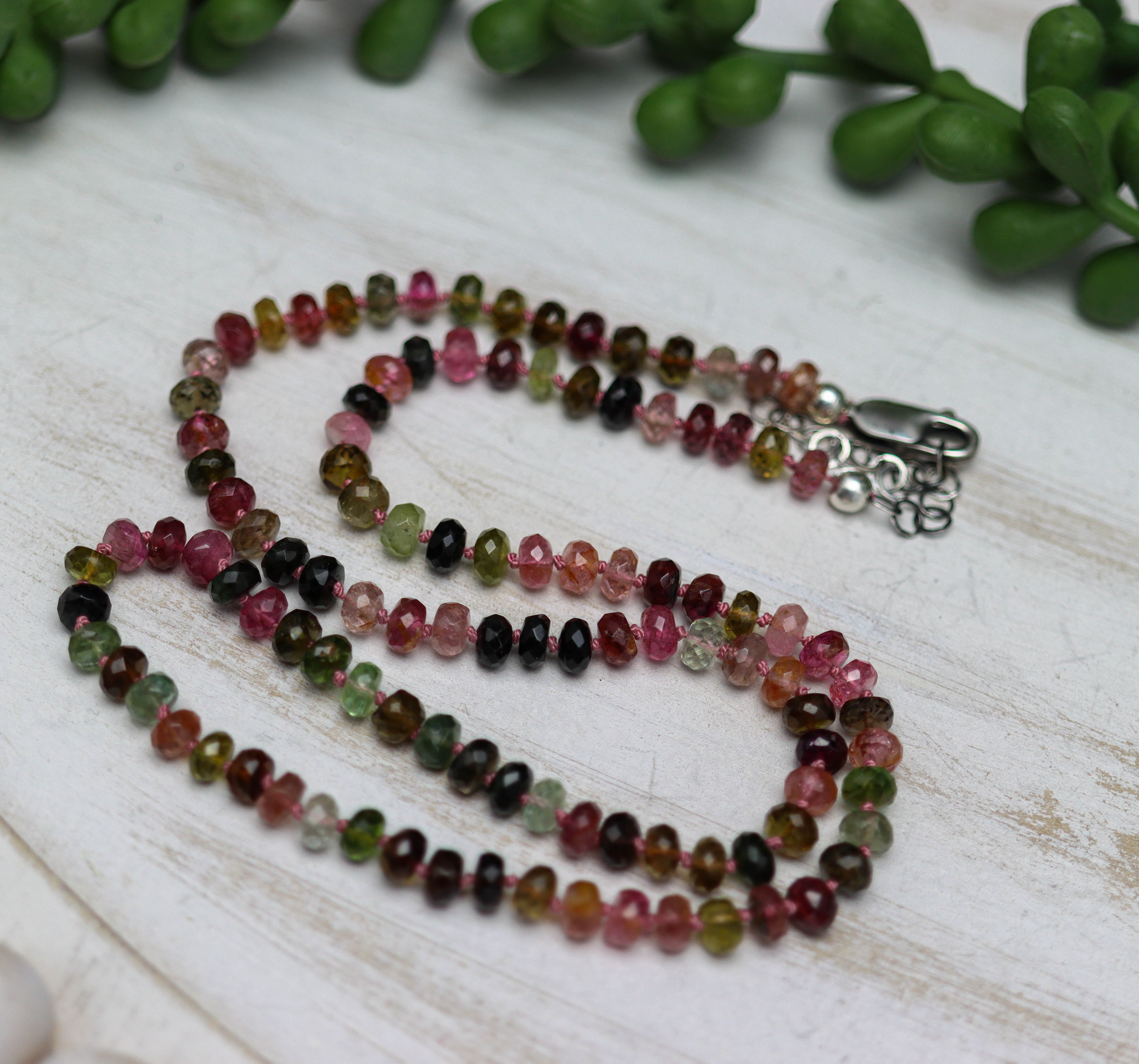 Multi Colored Tourmaline Hand Knotted Bead Necklace Sterling Silver