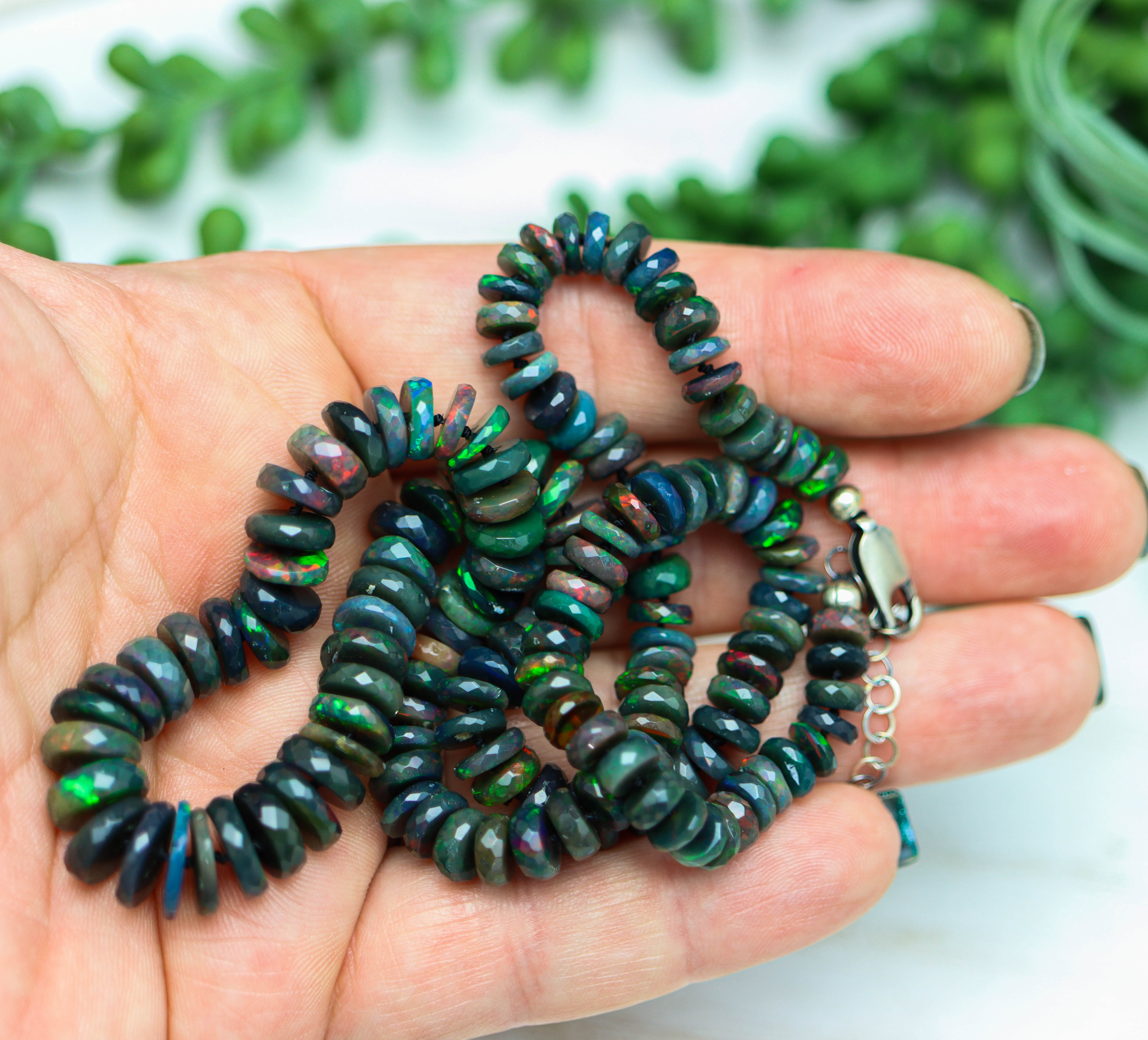 Black Opal Hand Knotted Bead Necklace Sterling Silver