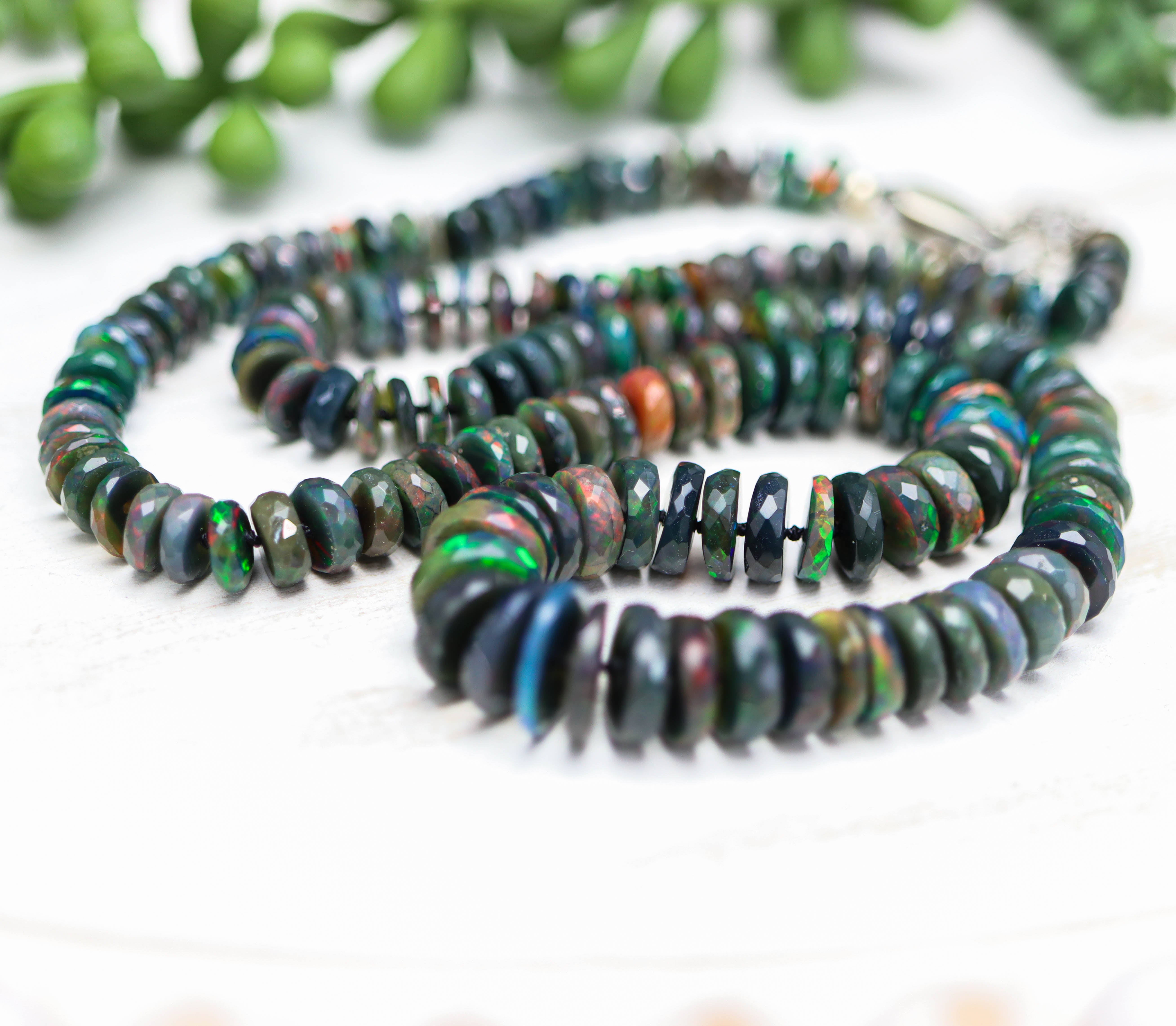 Black Opal Hand Knotted Bead Necklace Sterling Silver