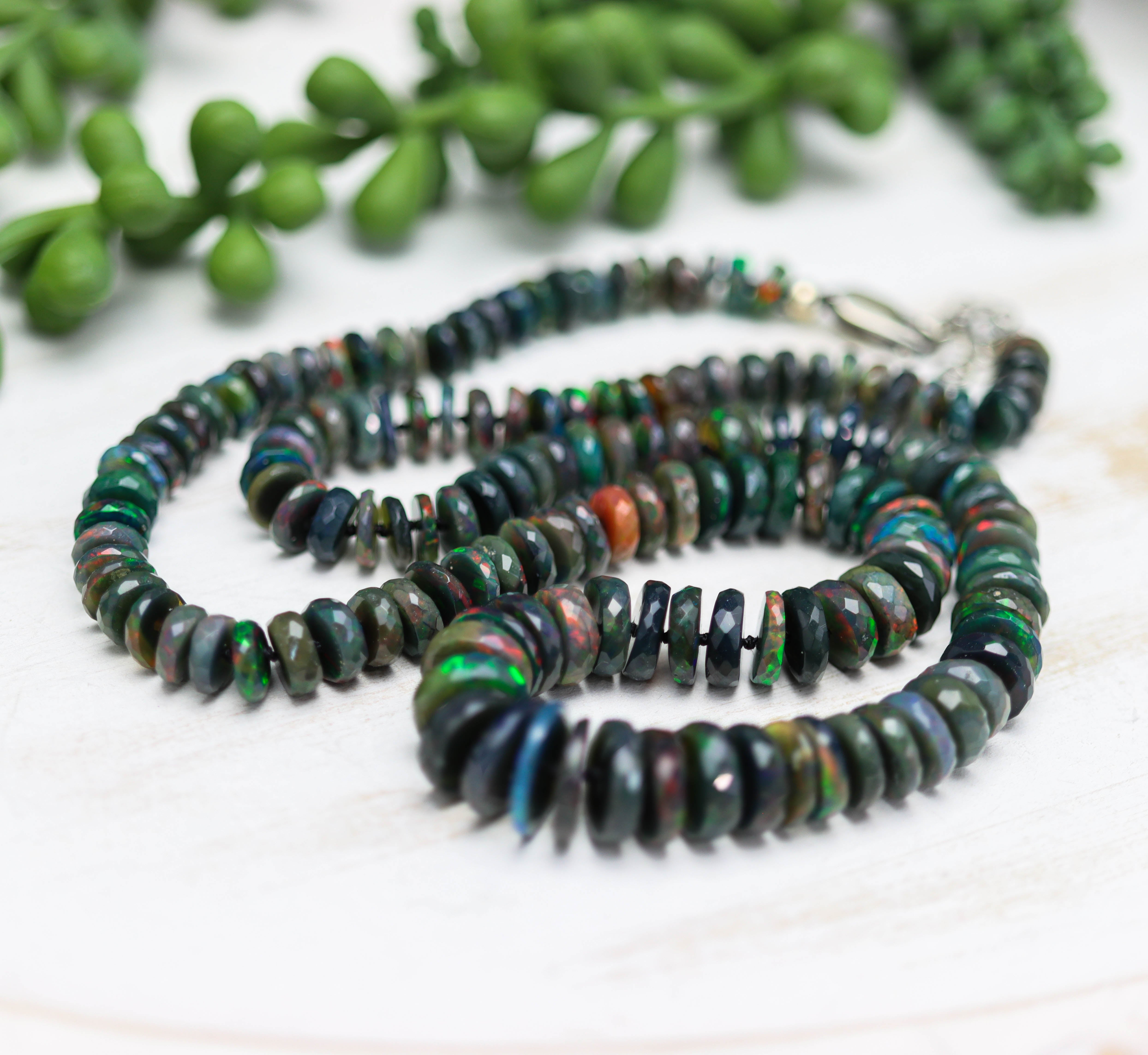 Black Opal Hand Knotted Bead Necklace Sterling Silver
