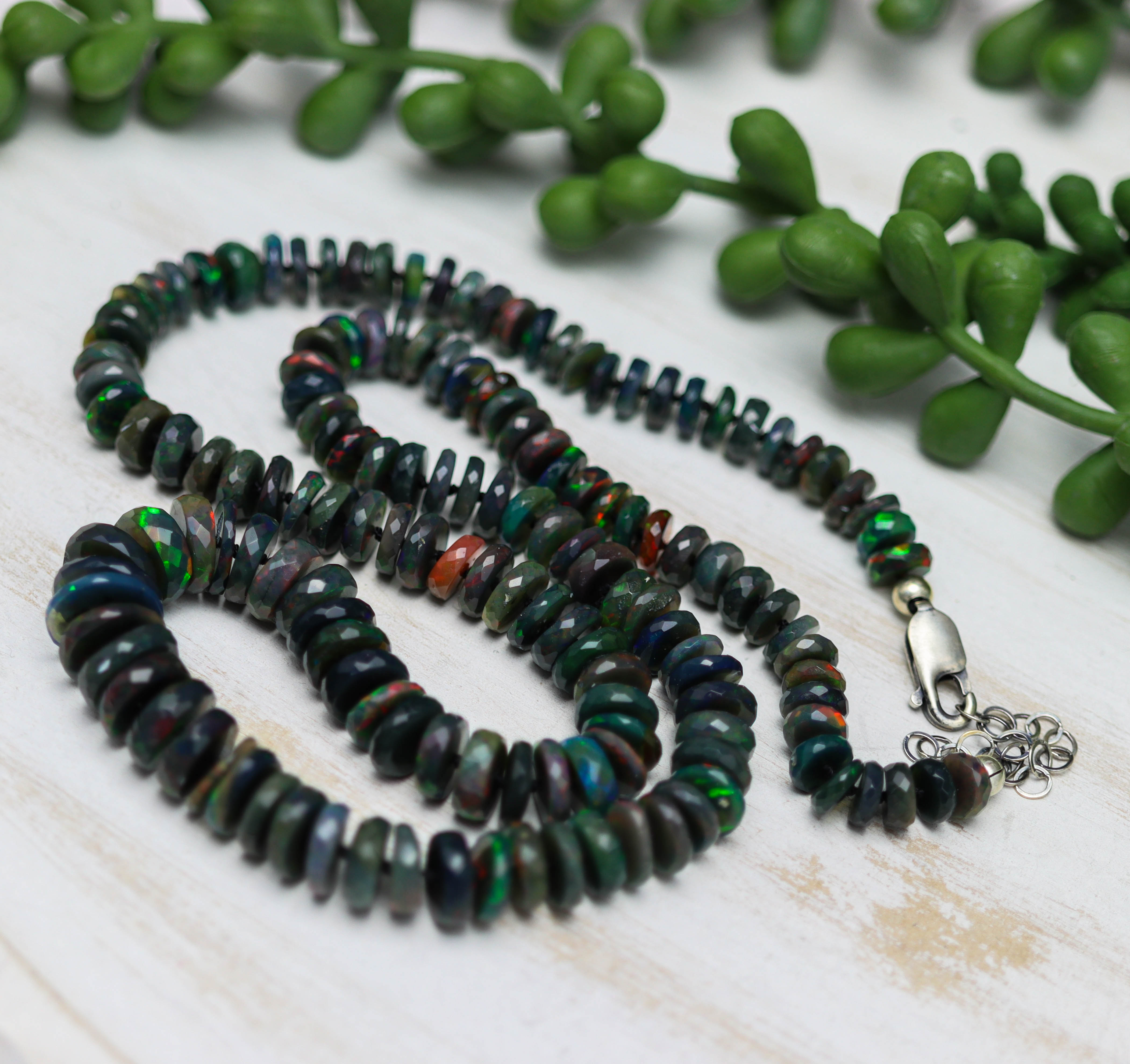 Black Opal Hand Knotted Bead Necklace Sterling Silver