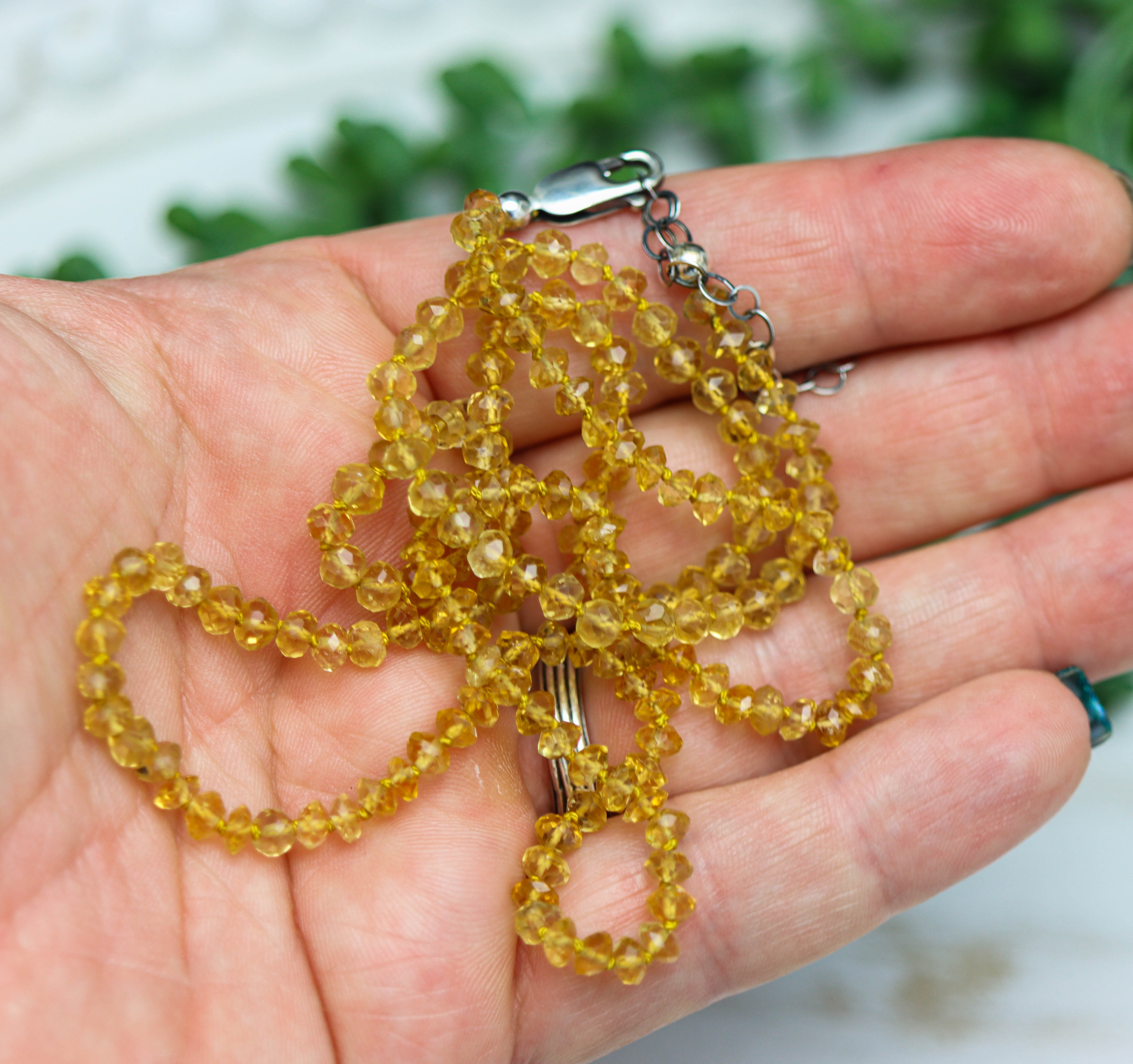 Sunny Yellow Citrine Hand Knotted Bead Necklace Sterling Silver