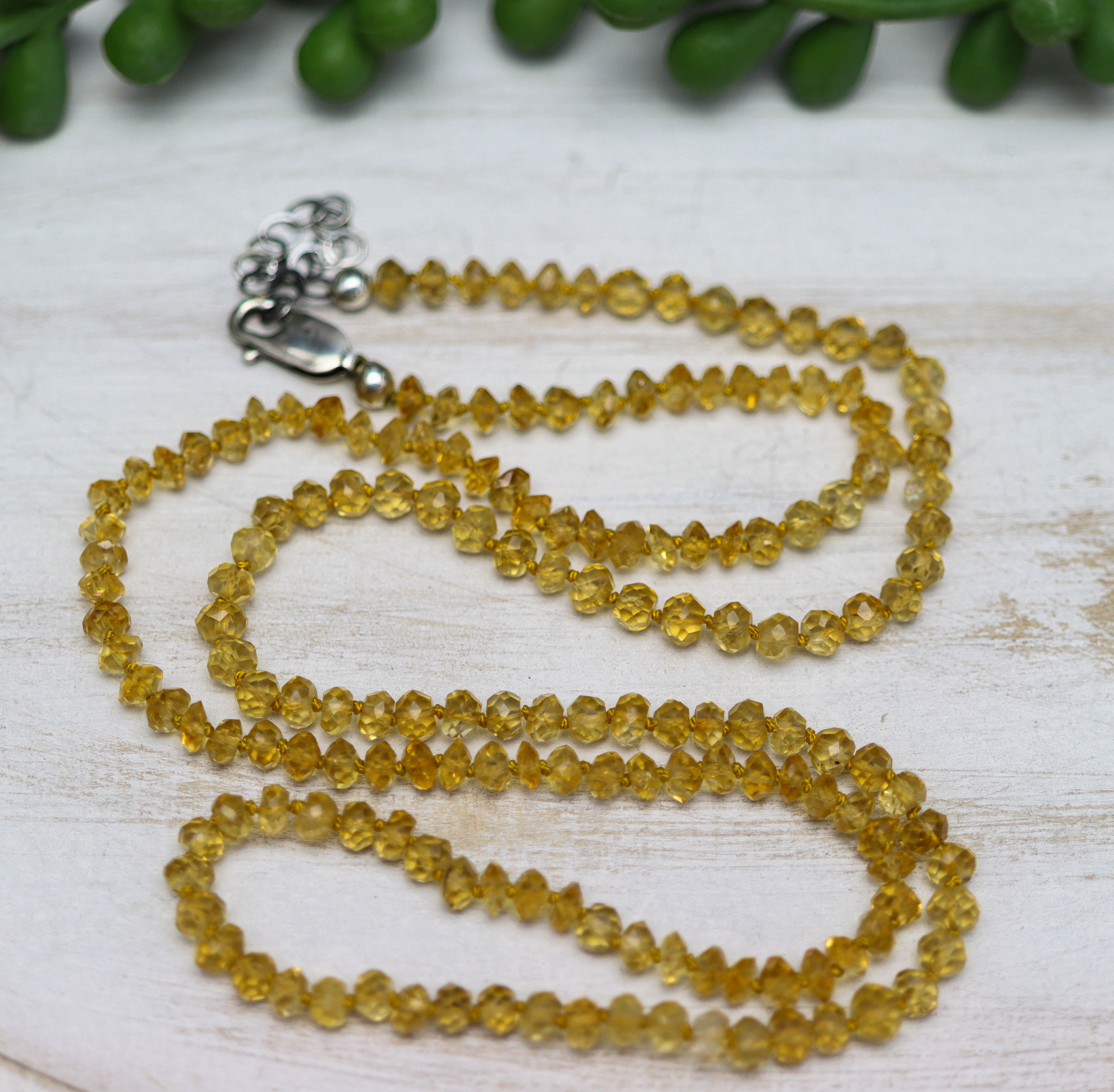 Sunny Yellow Citrine Hand Knotted Bead Necklace Sterling Silver
